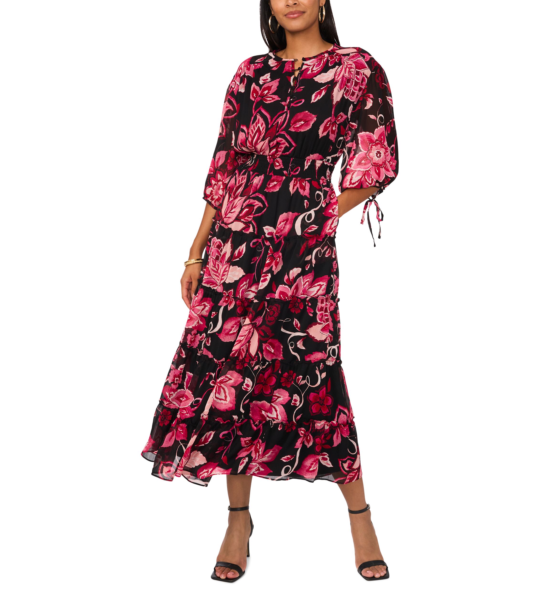Womens Blouson Sleeve V-Neck Floral Dress