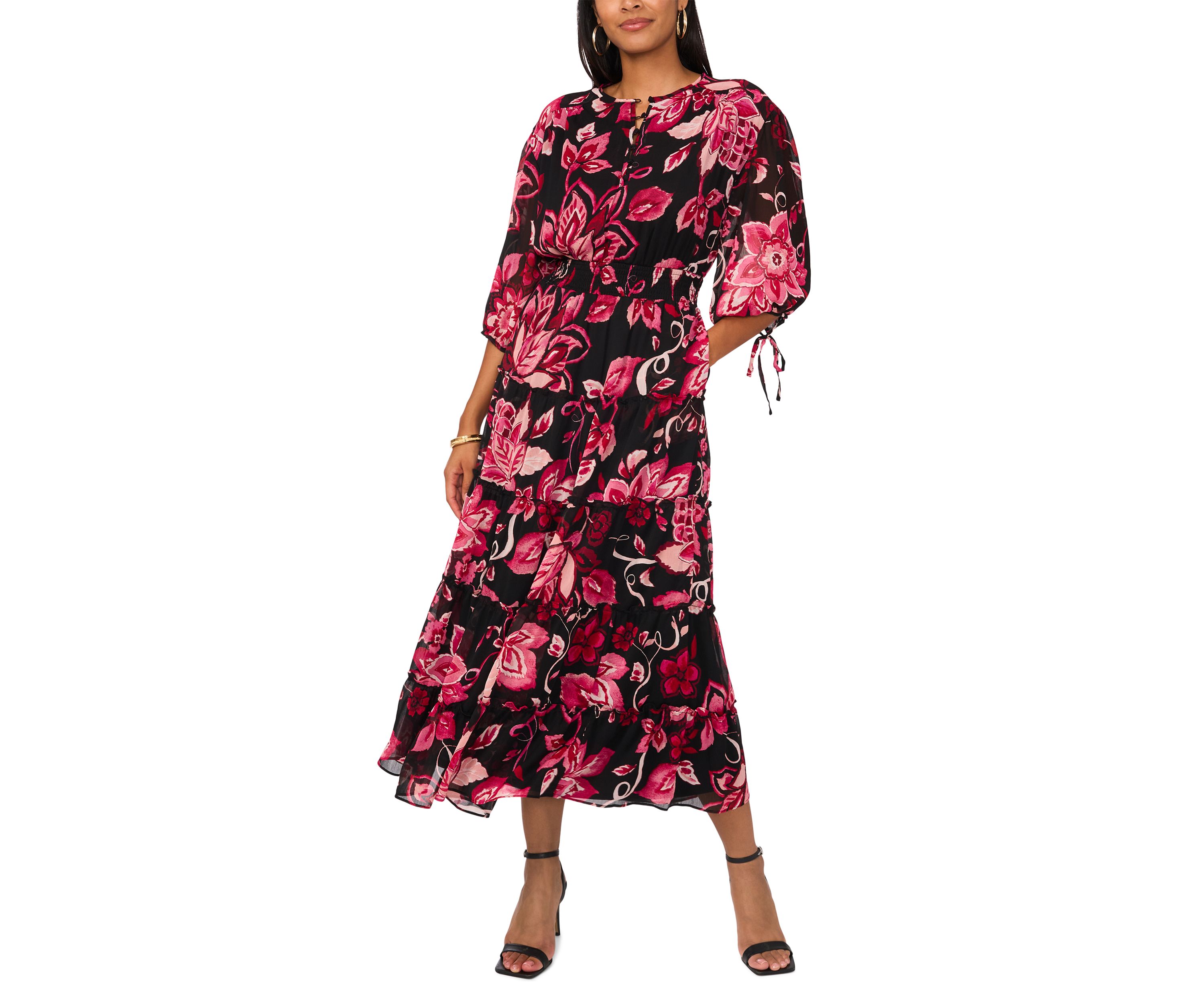 Womens Blouson Sleeve V-Neck Floral Dress