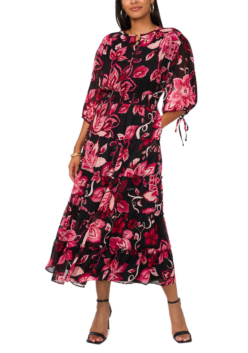 Womens Blouson Sleeve V-Neck Floral Dress