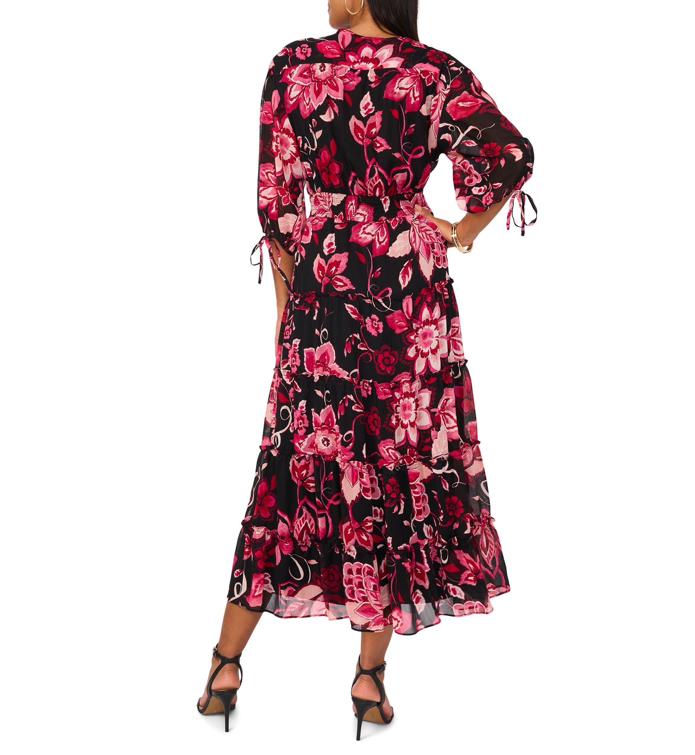 Womens Blouson Sleeve V-Neck Floral Dress