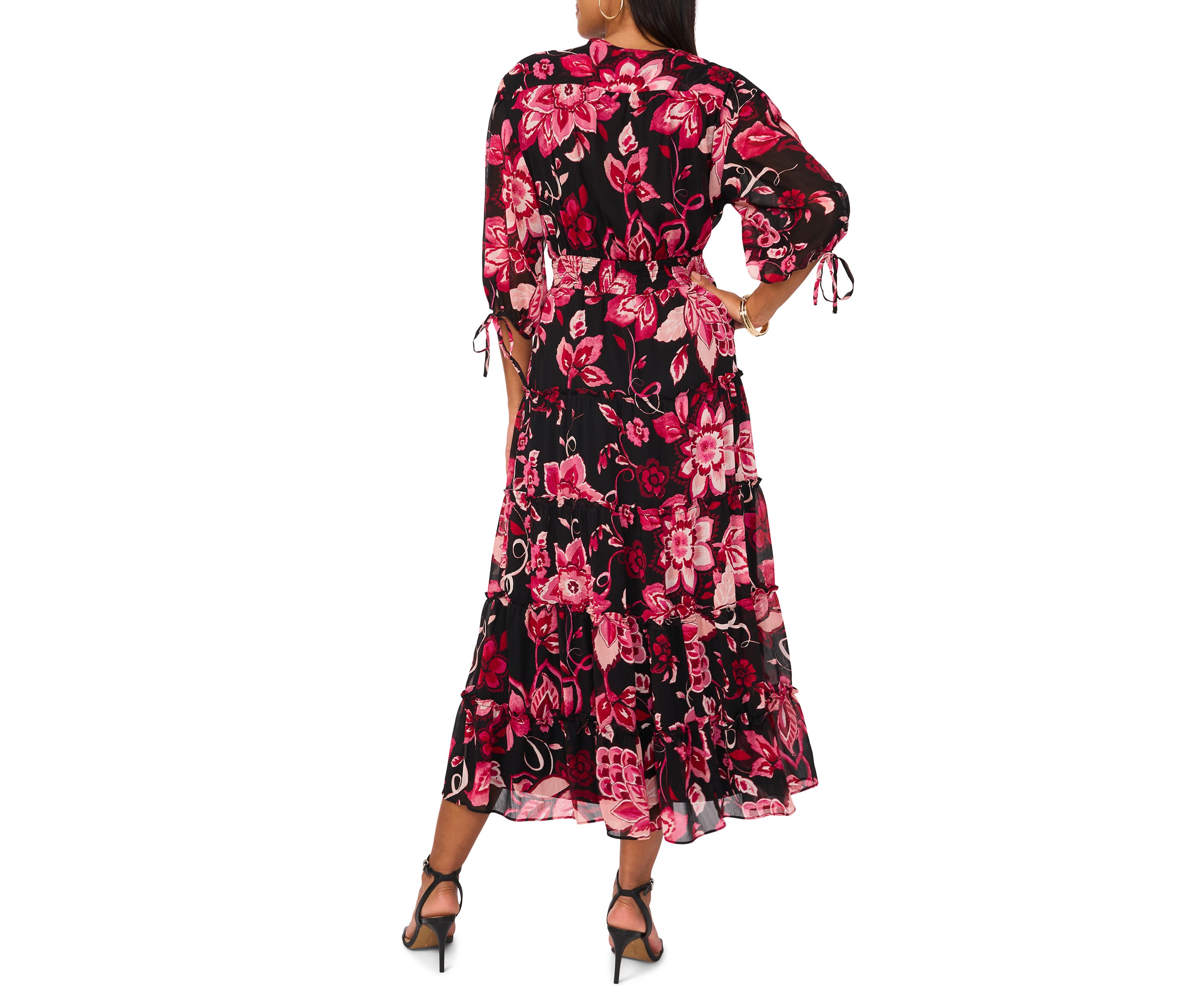 Womens Blouson Sleeve V-Neck Floral Dress