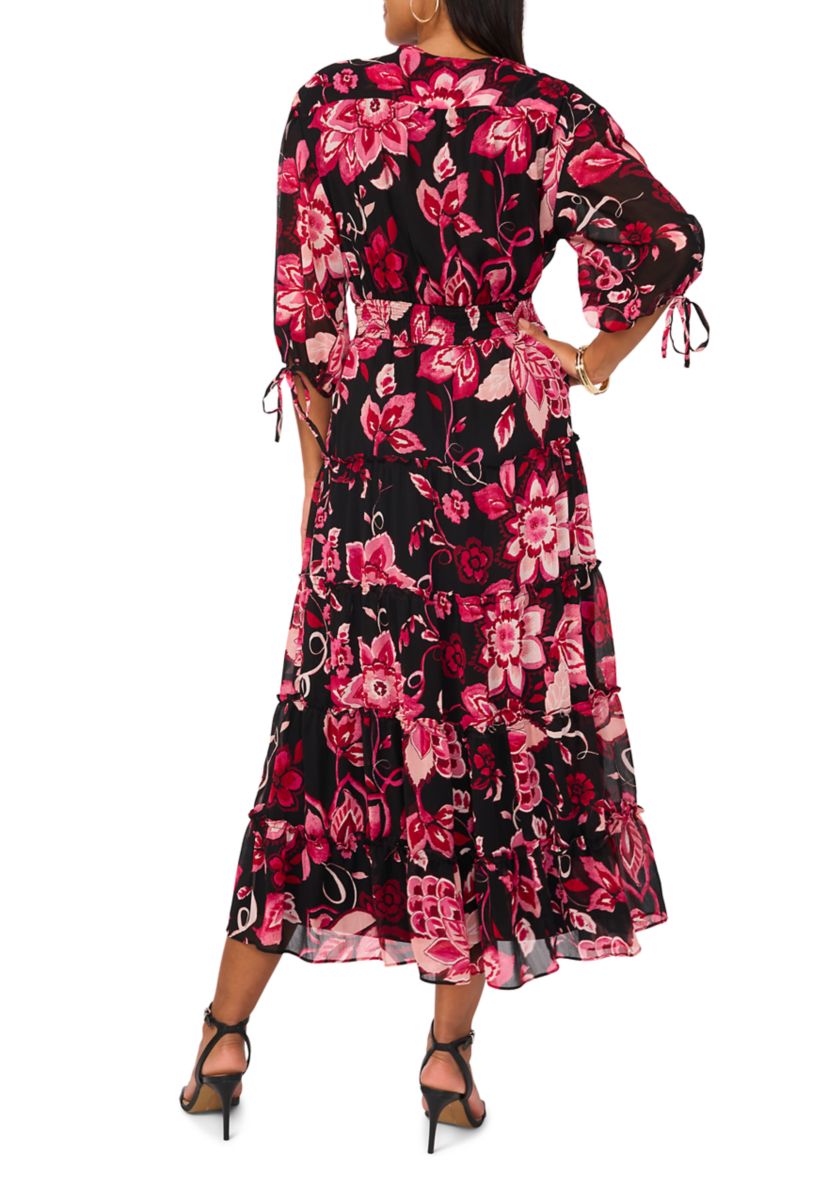 Womens Blouson Sleeve V-Neck Floral Dress