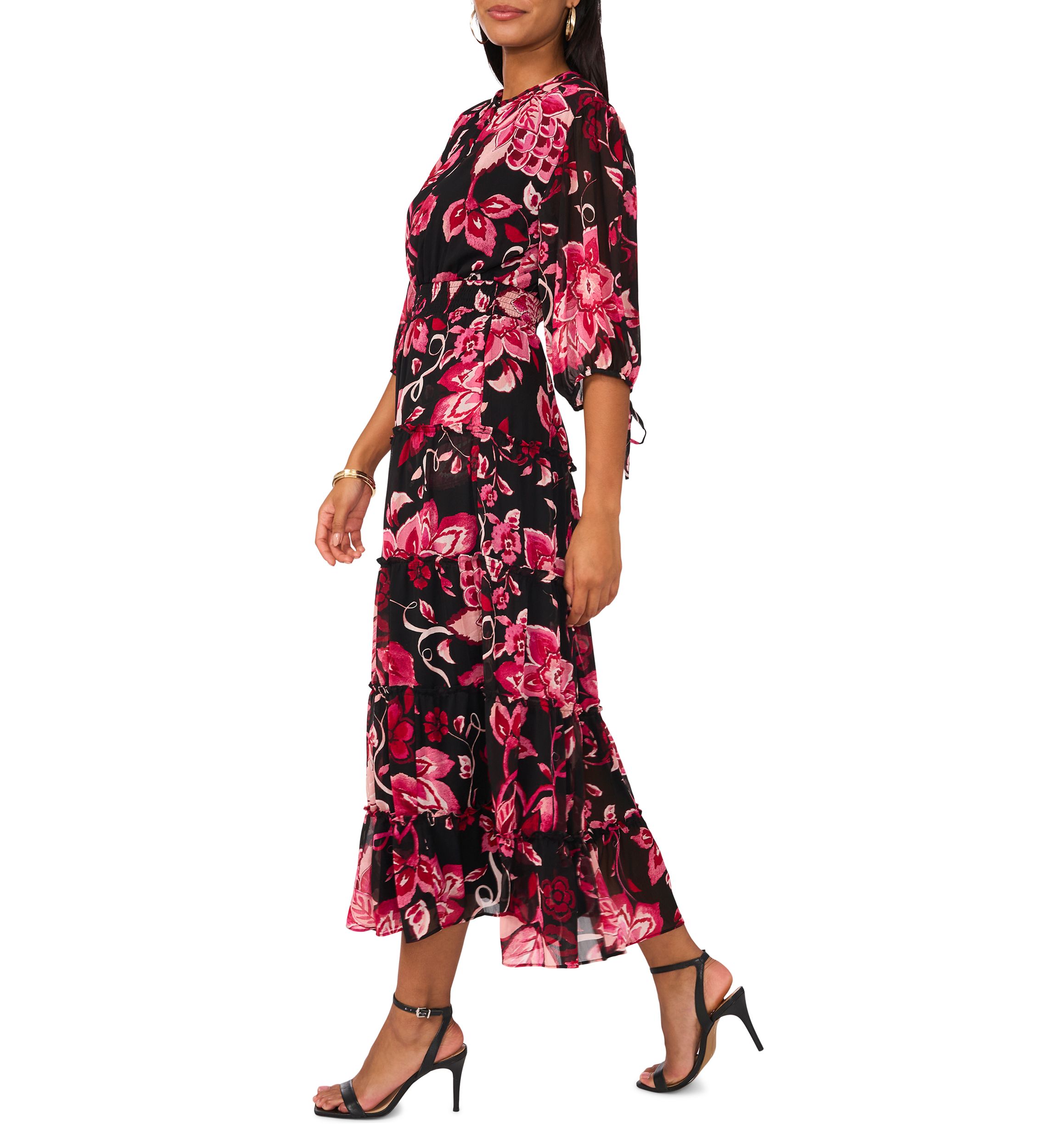 Womens Blouson Sleeve V-Neck Floral Dress