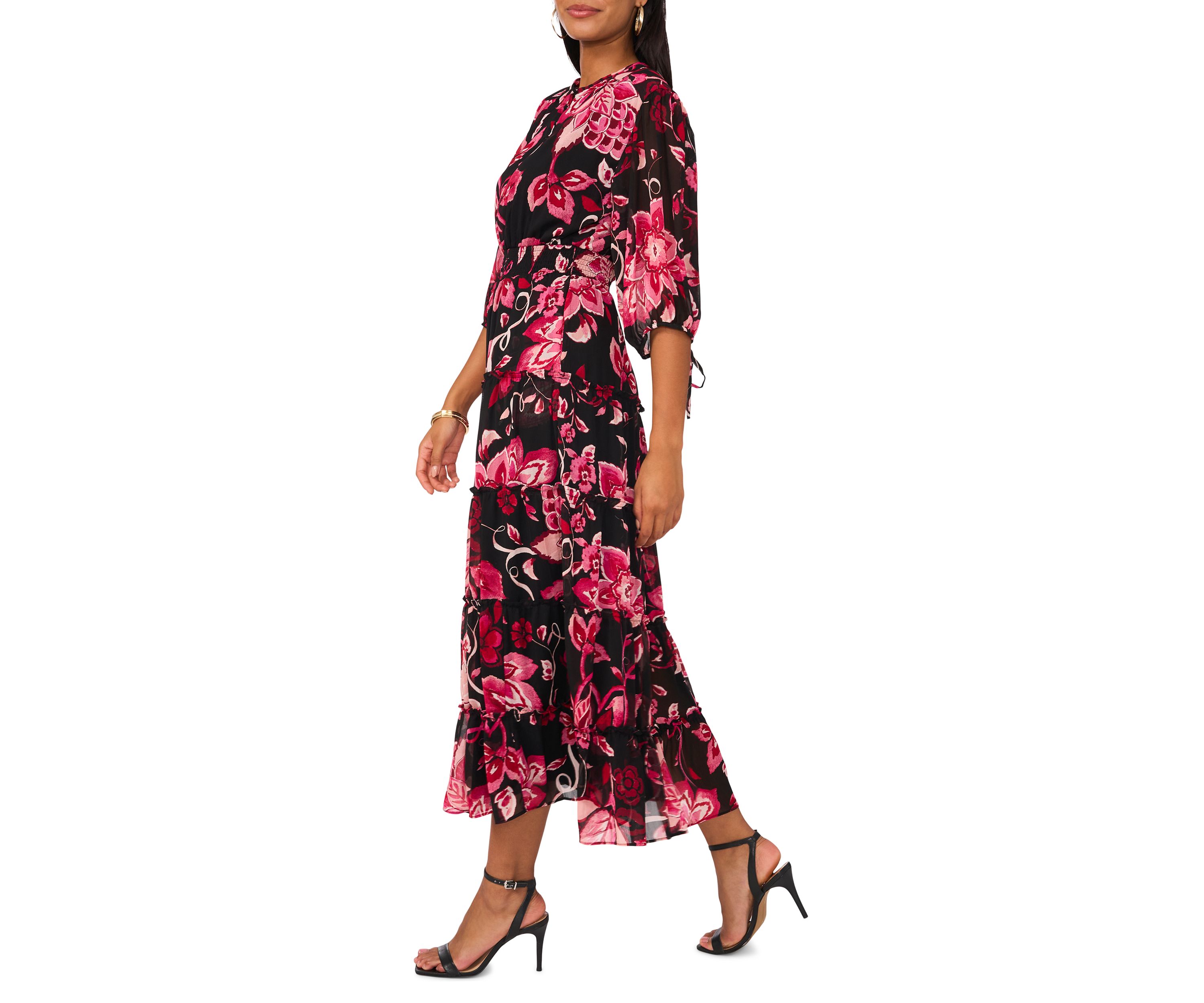 Womens Blouson Sleeve V-Neck Floral Dress
