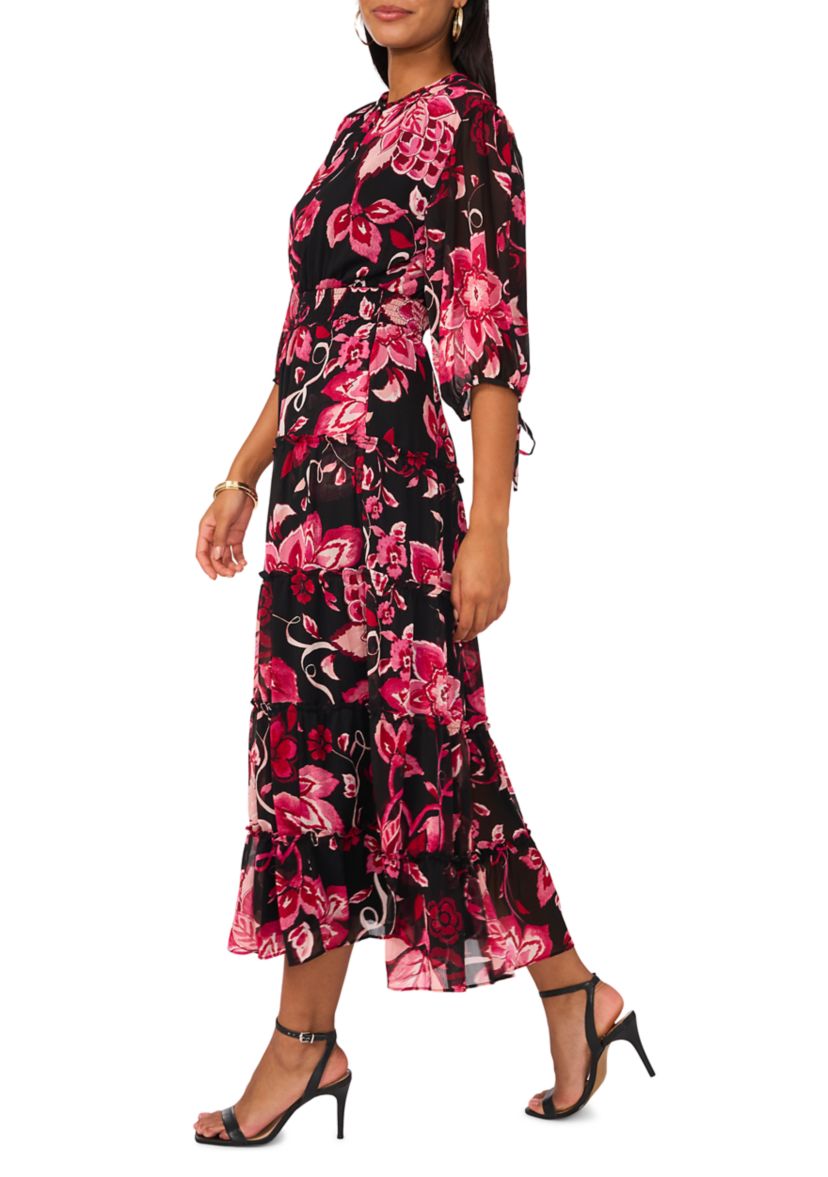 Womens Blouson Sleeve V-Neck Floral Dress