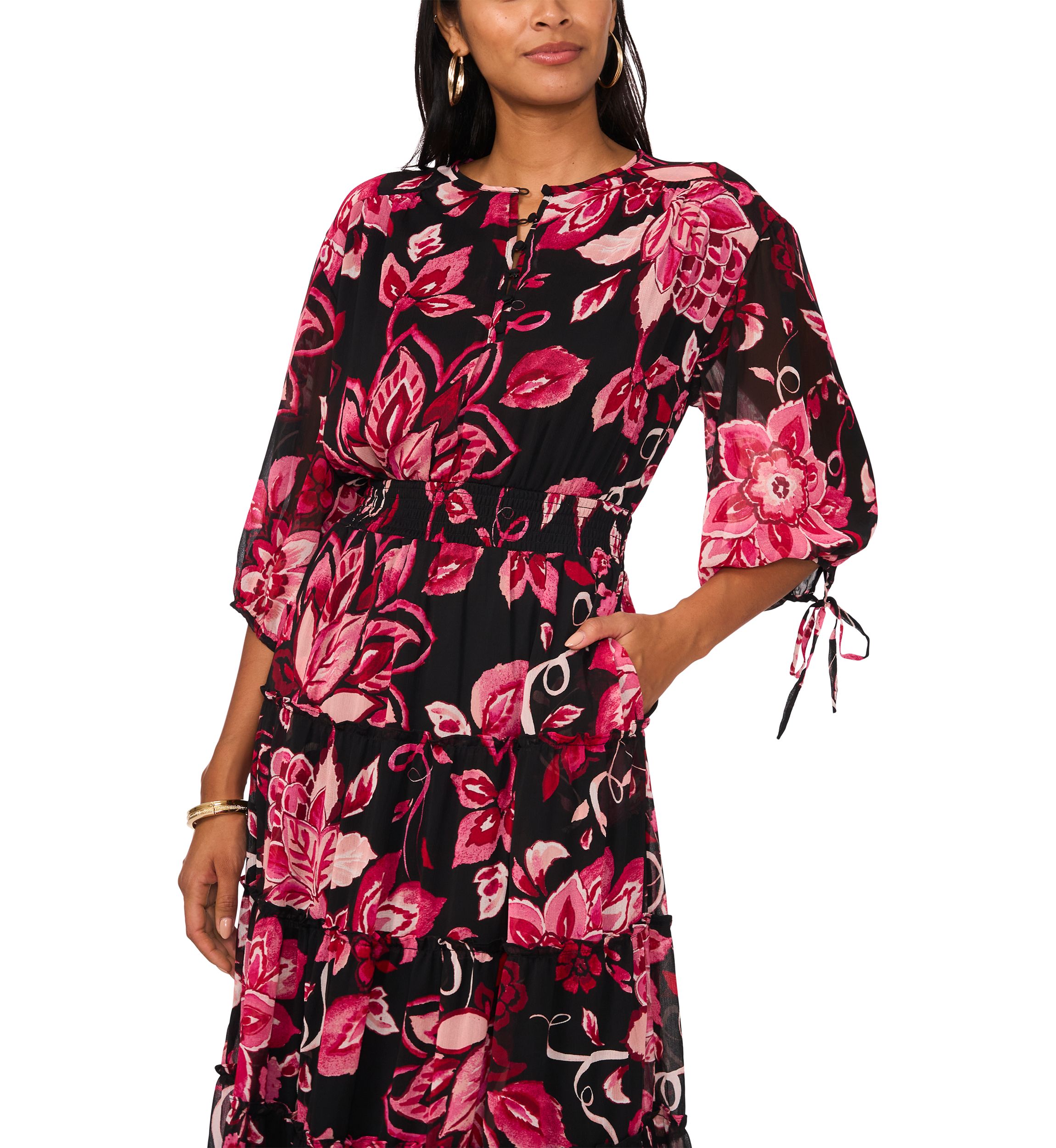 Womens Blouson Sleeve V-Neck Floral Dress