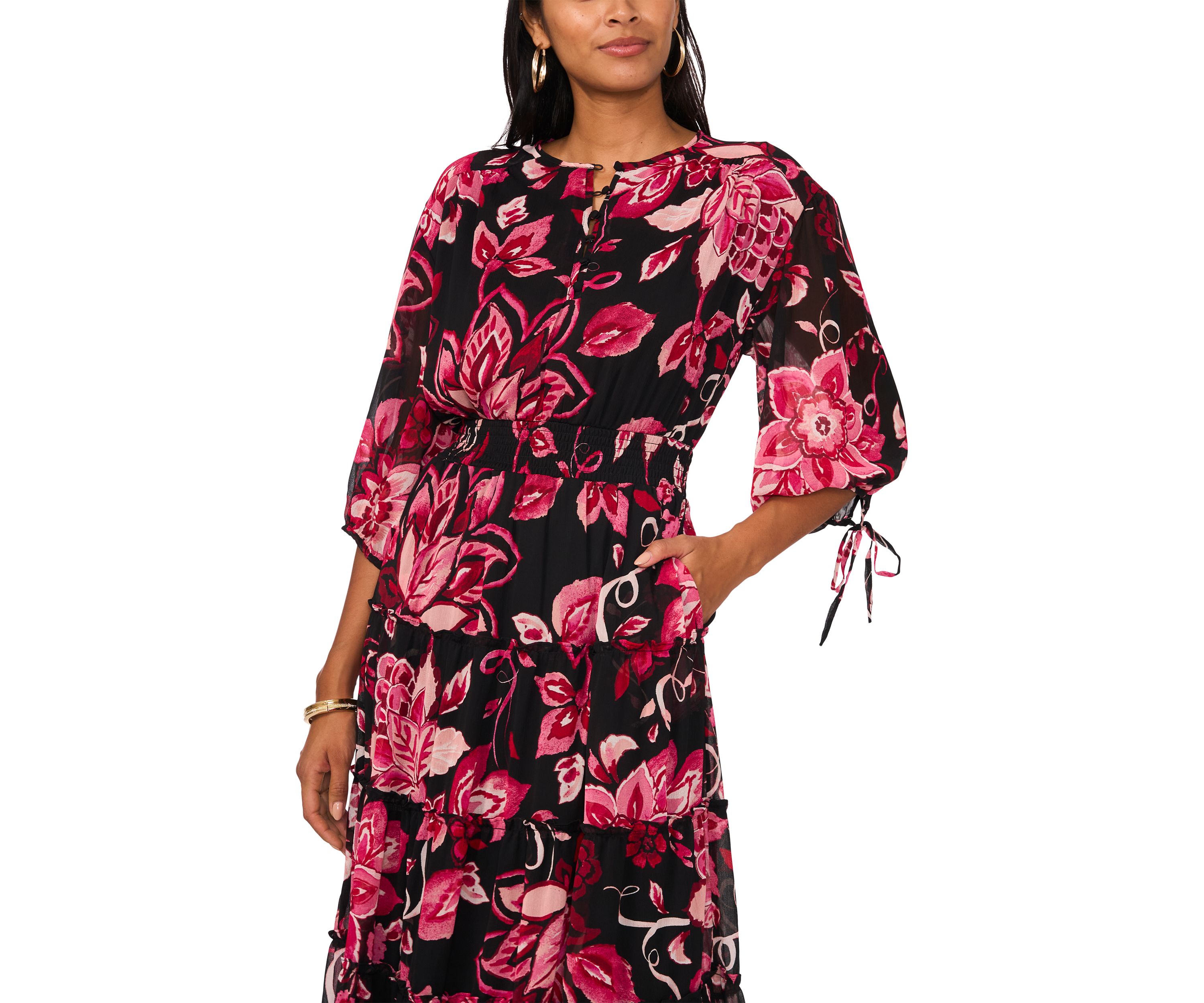 Womens Blouson Sleeve V-Neck Floral Dress