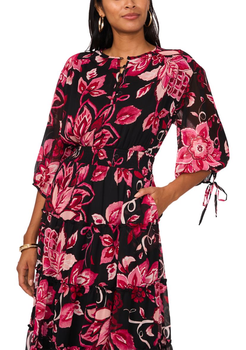 Womens Blouson Sleeve V-Neck Floral Dress