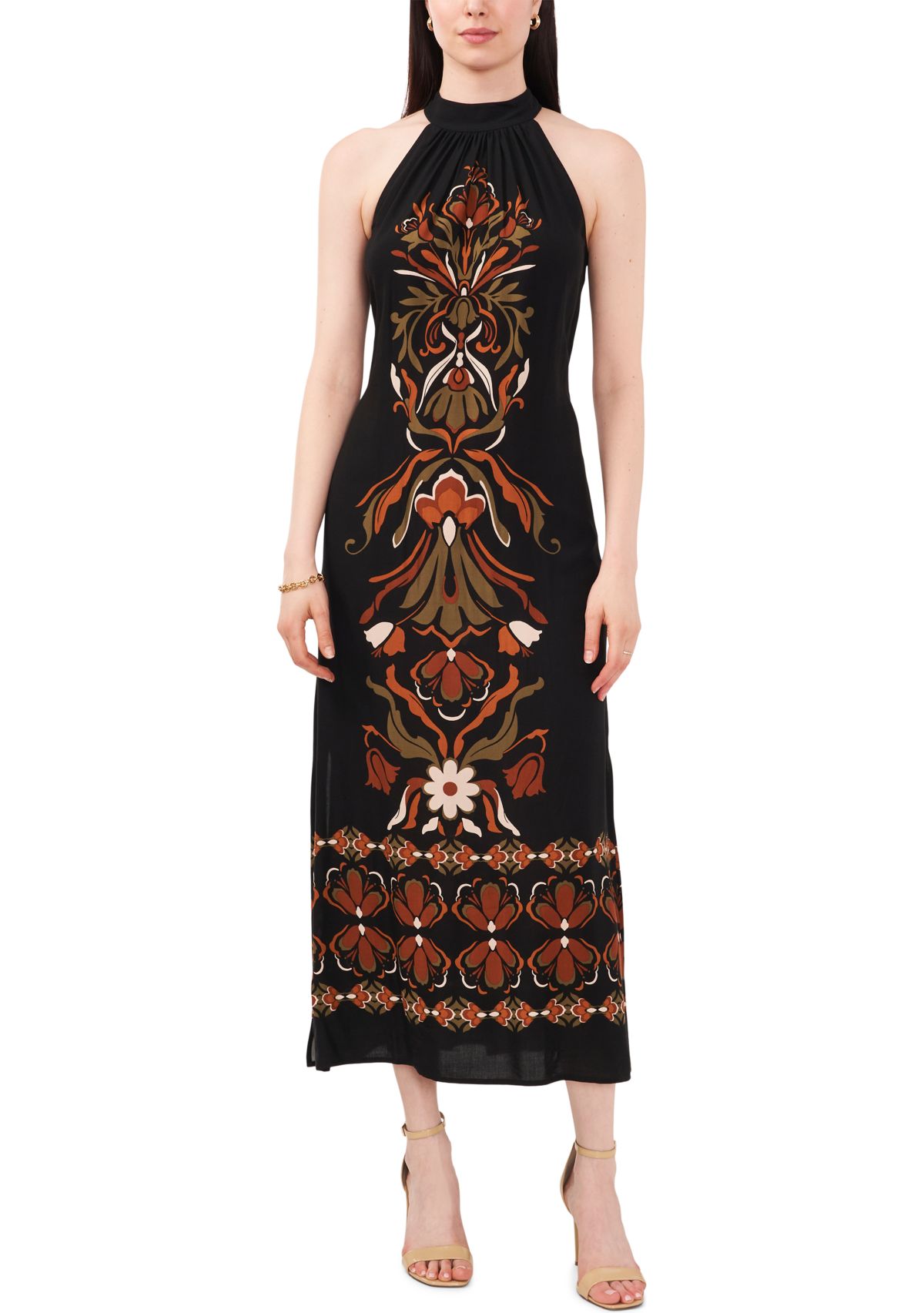 Womens Sleeveless Halter Neck Printed Challis Midi A-Line Dress