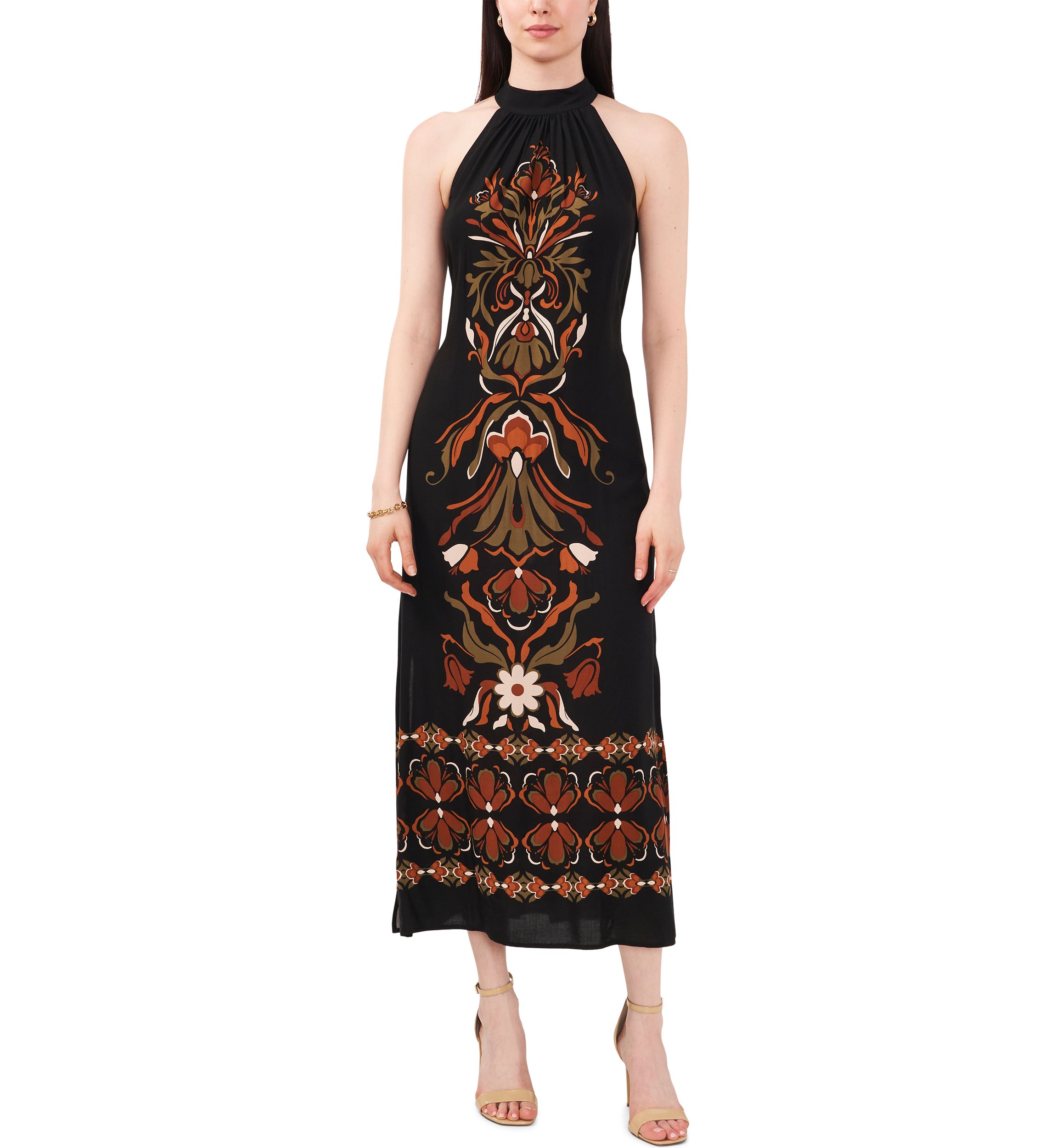 Womens Sleeveless Halter Neck Printed Challis Midi A-Line Dress