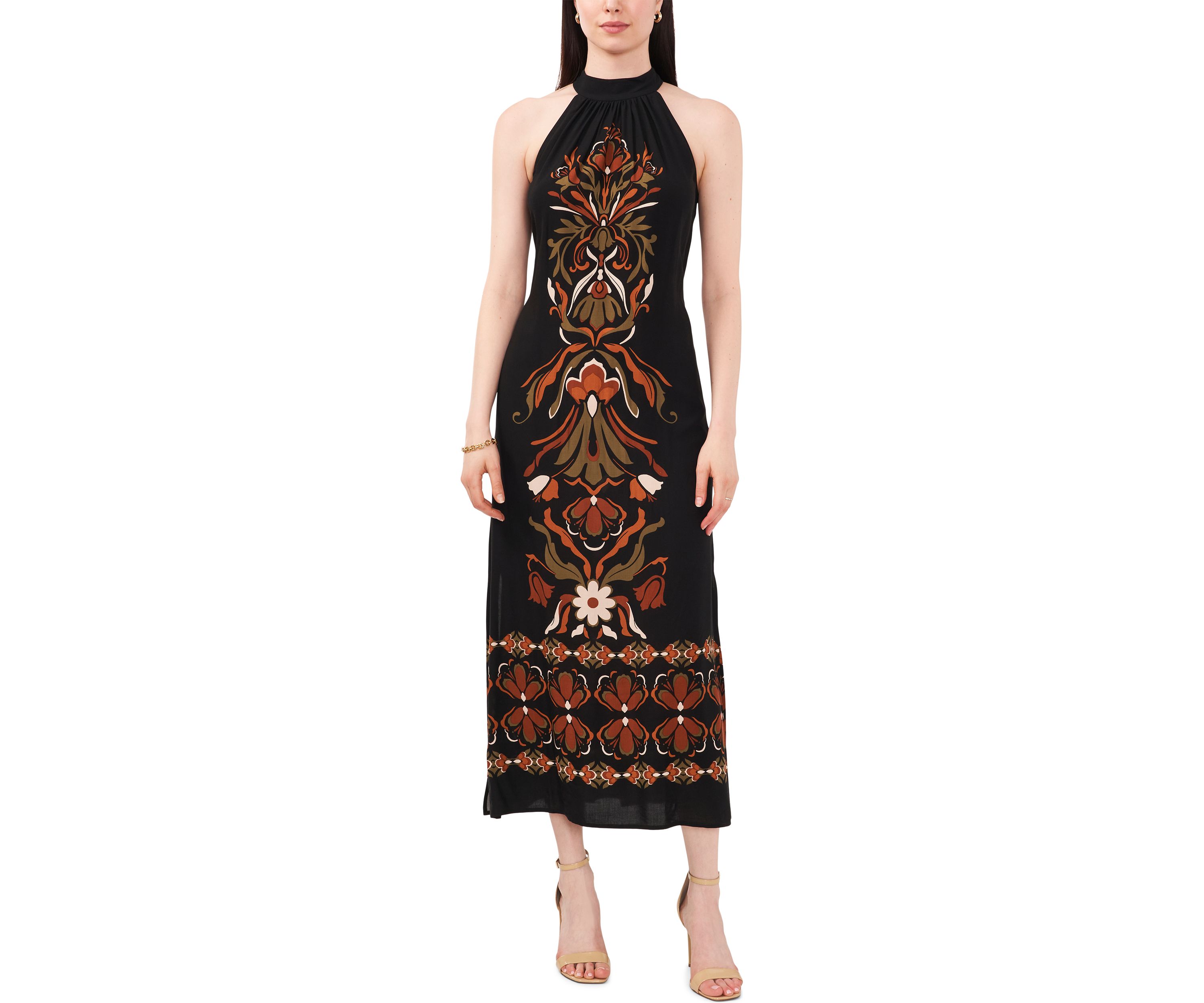 Womens Sleeveless Halter Neck Printed Challis Midi A-Line Dress