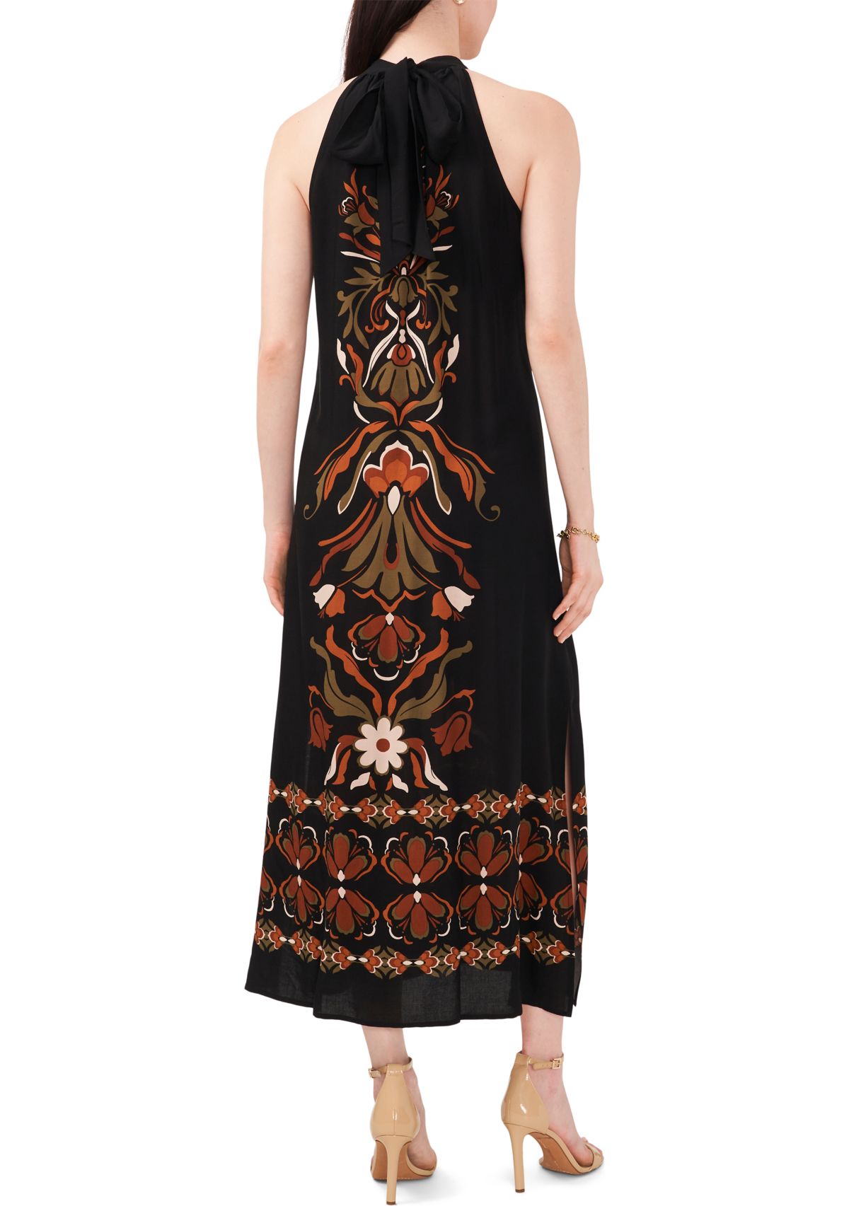 Womens Sleeveless Halter Neck Printed Challis Midi A-Line Dress