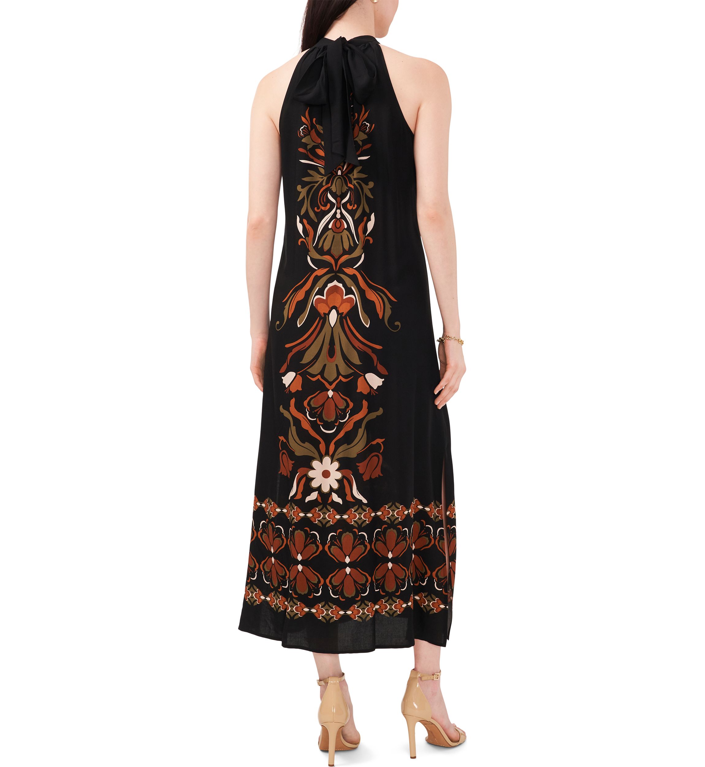 Womens Sleeveless Halter Neck Printed Challis Midi A-Line Dress