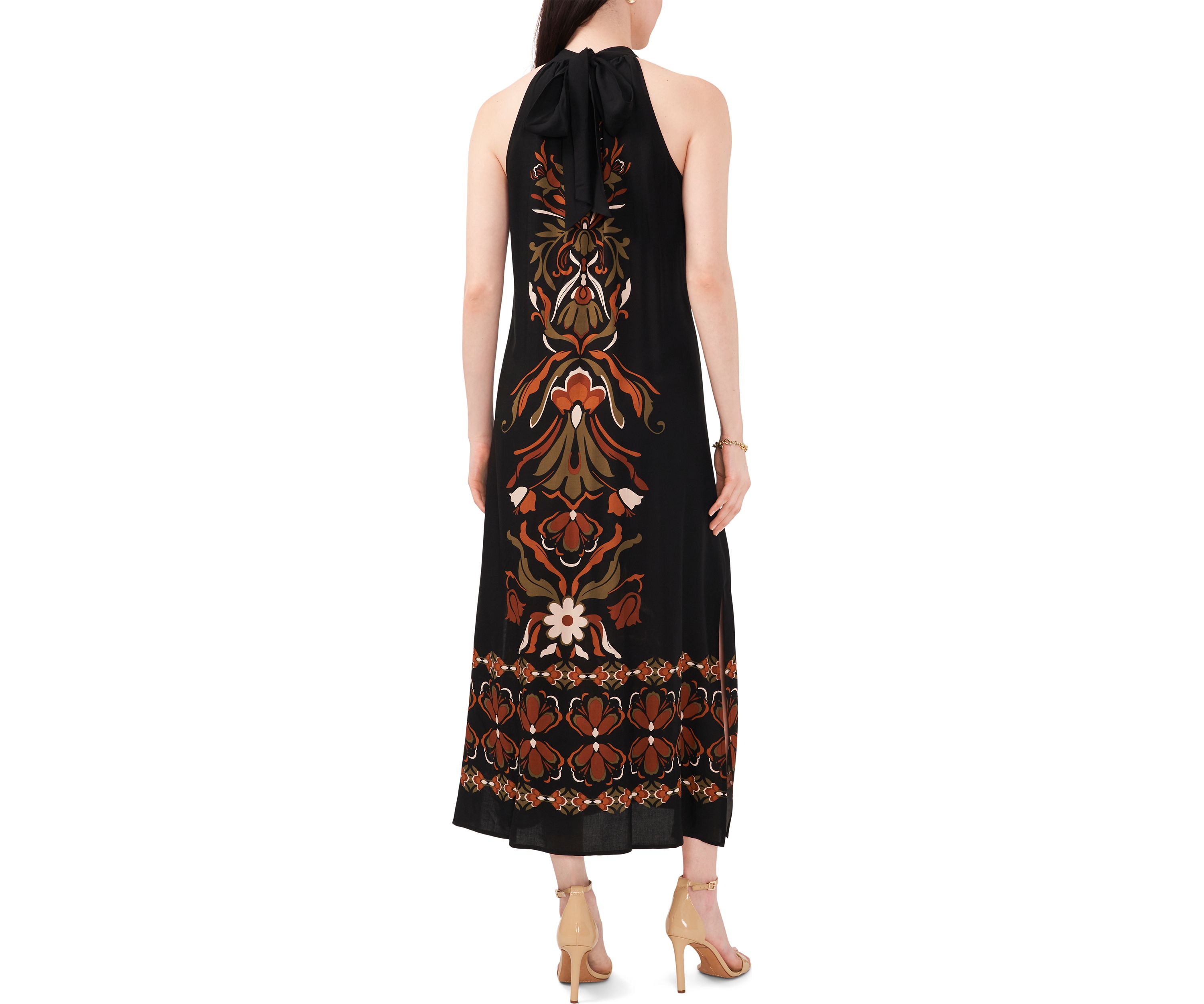 Womens Sleeveless Halter Neck Printed Challis Midi A-Line Dress