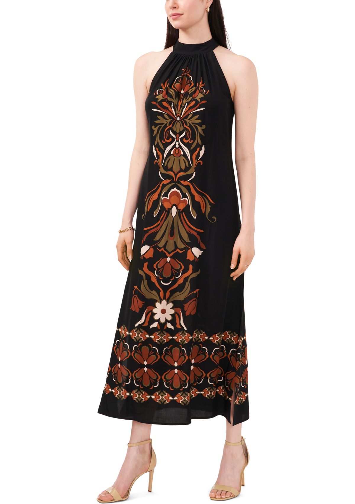Womens Sleeveless Halter Neck Printed Challis Midi A-Line Dress