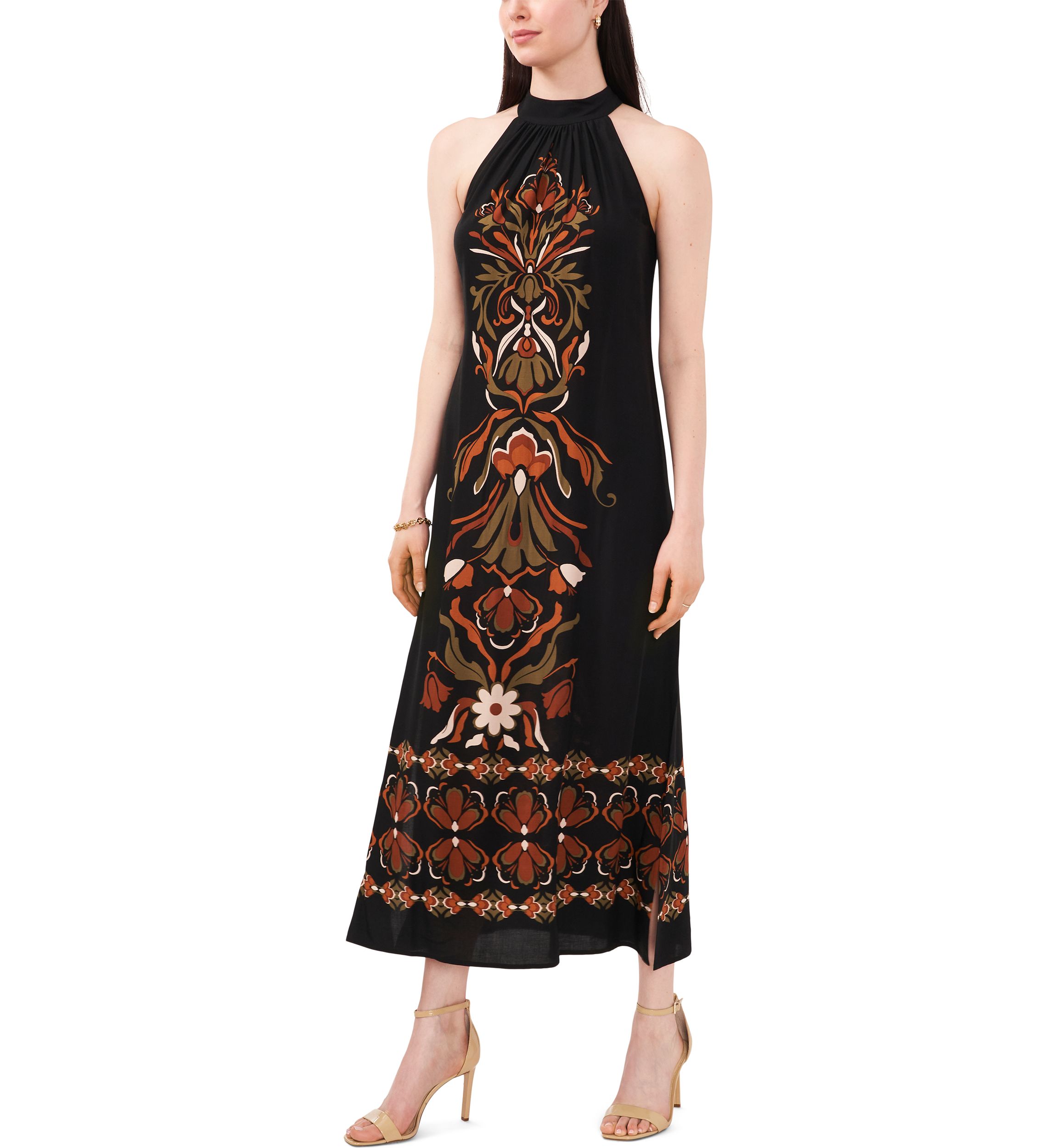 Womens Sleeveless Halter Neck Printed Challis Midi A-Line Dress