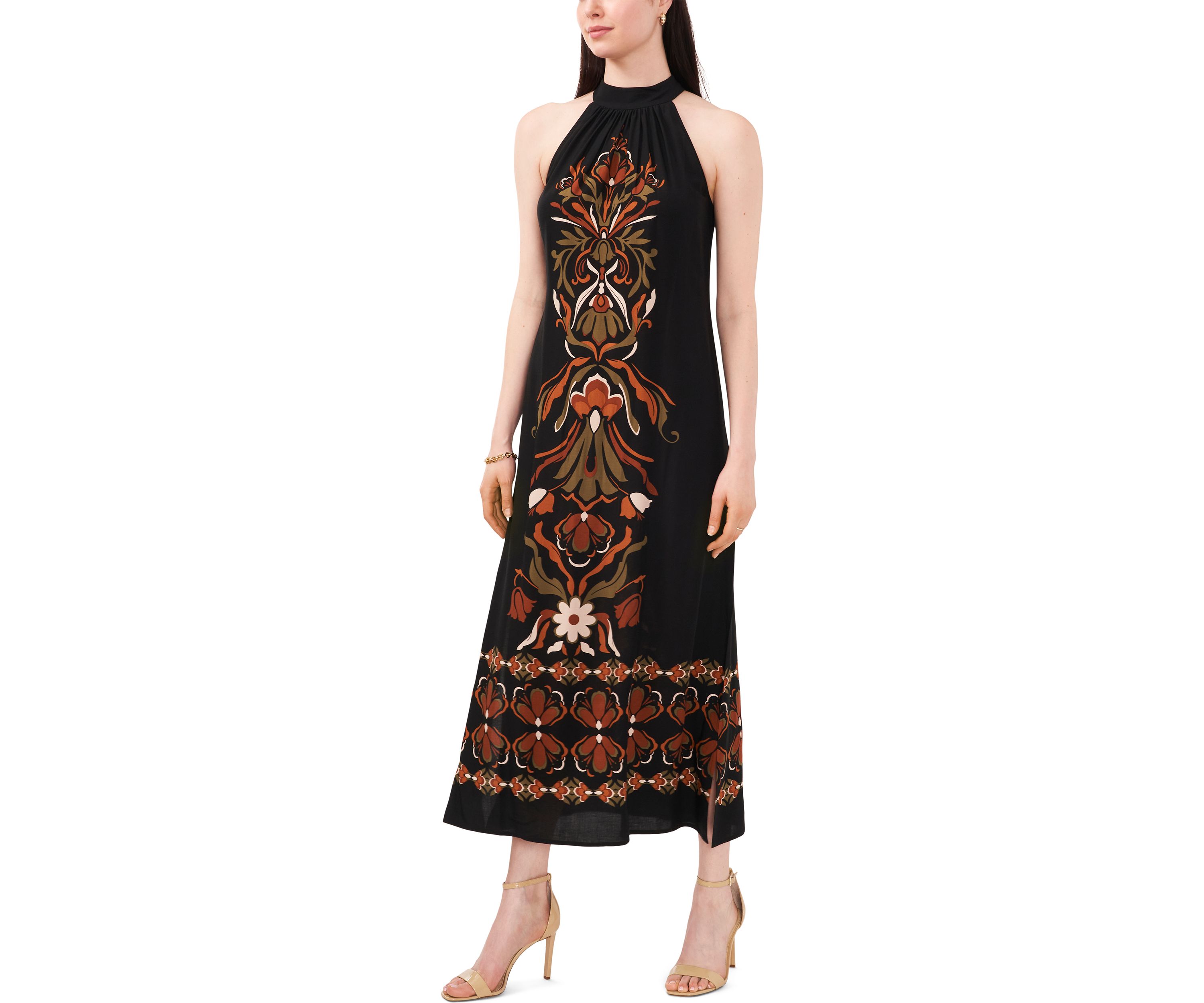 Womens Sleeveless Halter Neck Printed Challis Midi A-Line Dress
