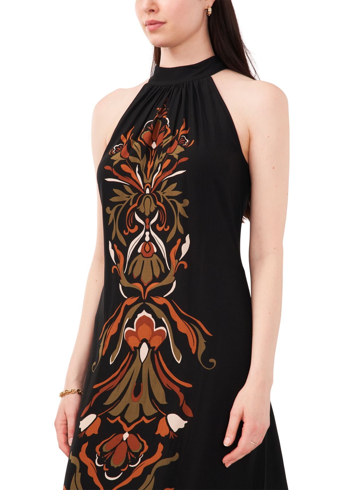 Womens Sleeveless Halter Neck Printed Challis Midi A-Line Dress