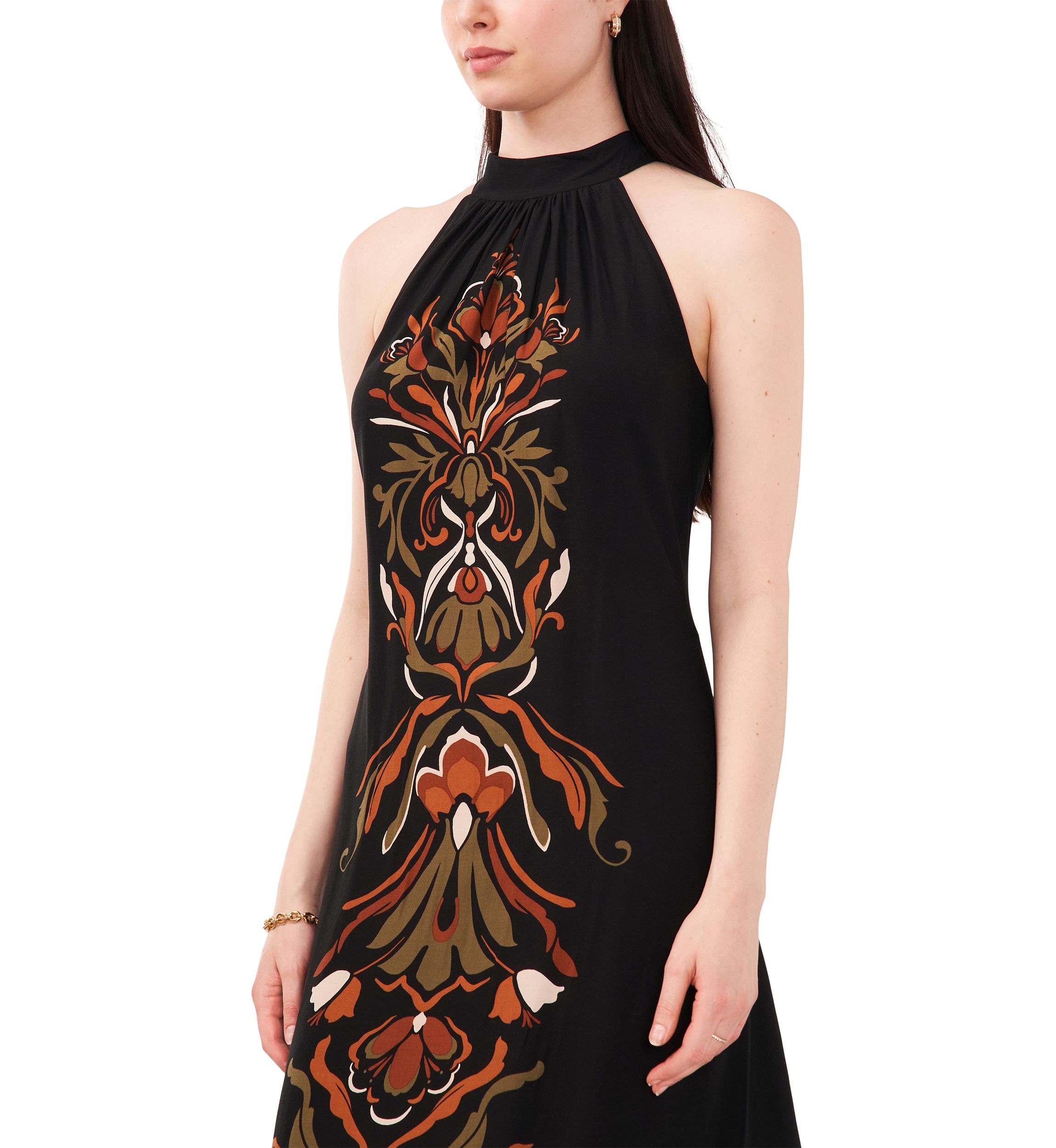 Womens Sleeveless Halter Neck Printed Challis Midi A-Line Dress