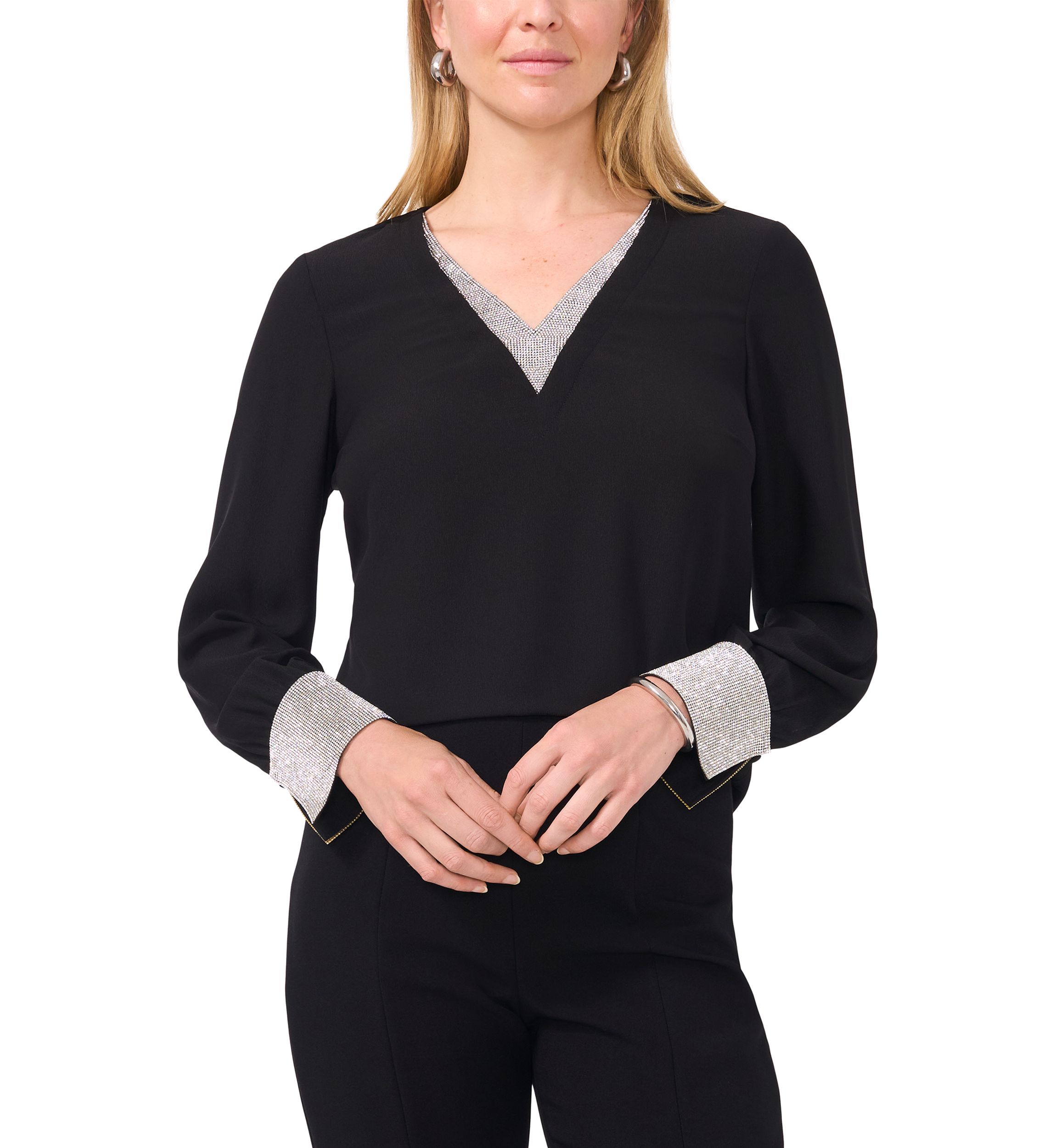 Womens Long Sleeve Glitter V-Neck Top
