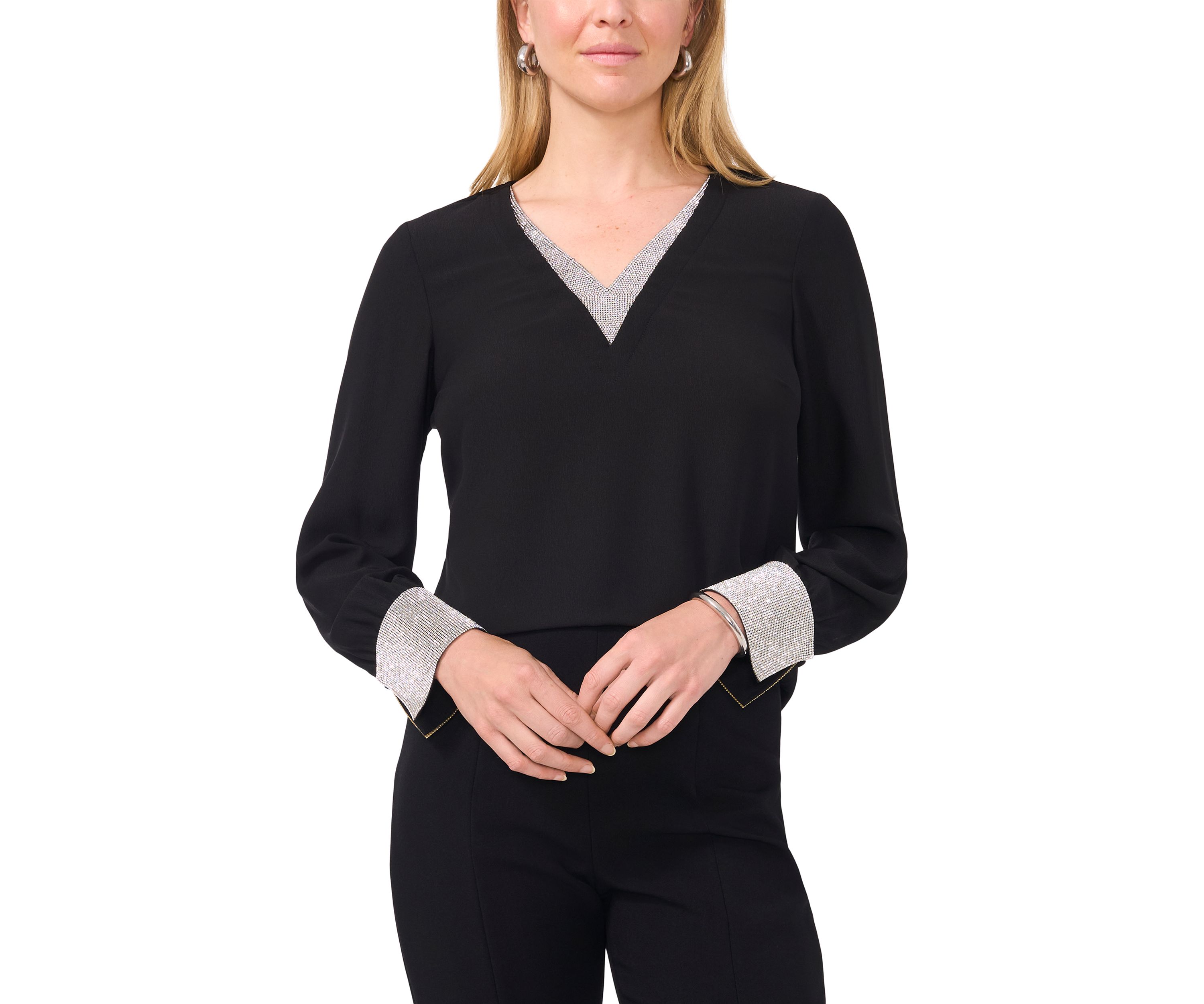 Womens Long Sleeve Glitter V-Neck Top