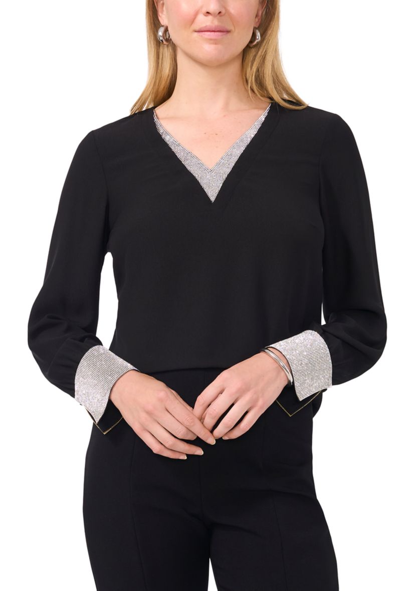 Womens Long Sleeve Glitter V-Neck Top