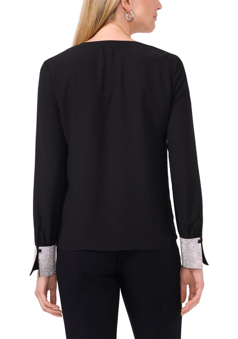 Womens Long Sleeve Glitter V-Neck Top