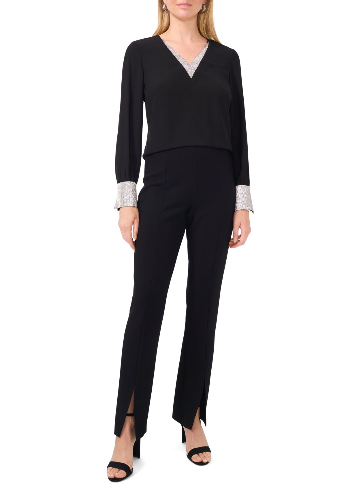 Womens Long Sleeve Glitter V-Neck Top