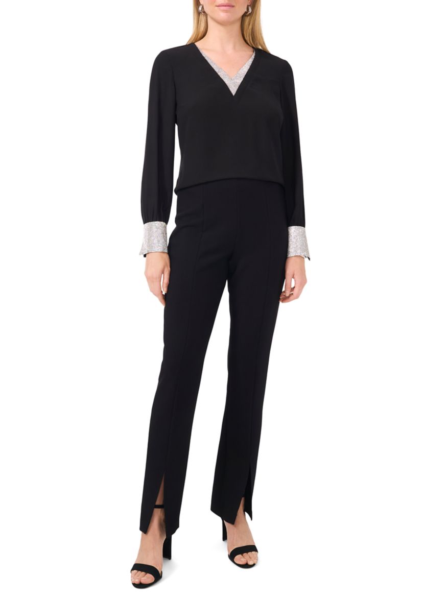 Womens Long Sleeve Glitter V-Neck Top