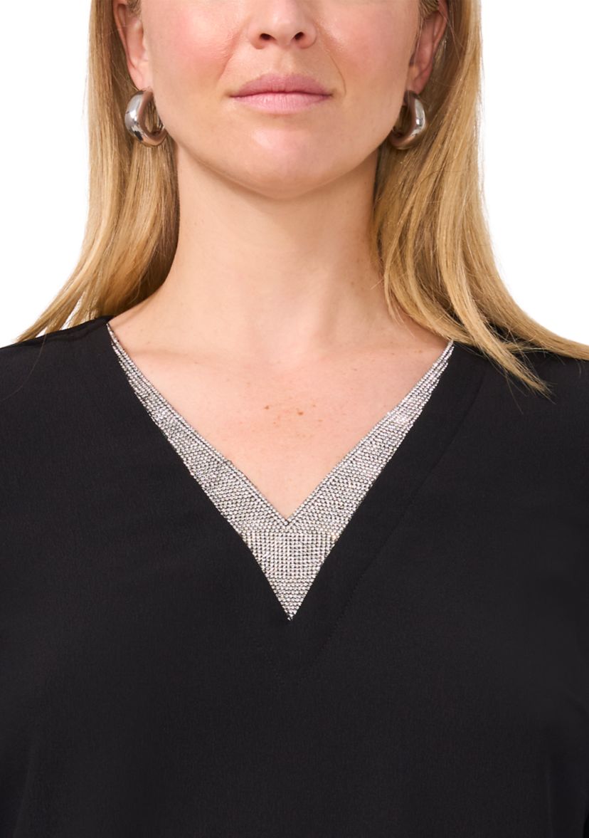 Womens Long Sleeve Glitter V-Neck Top
