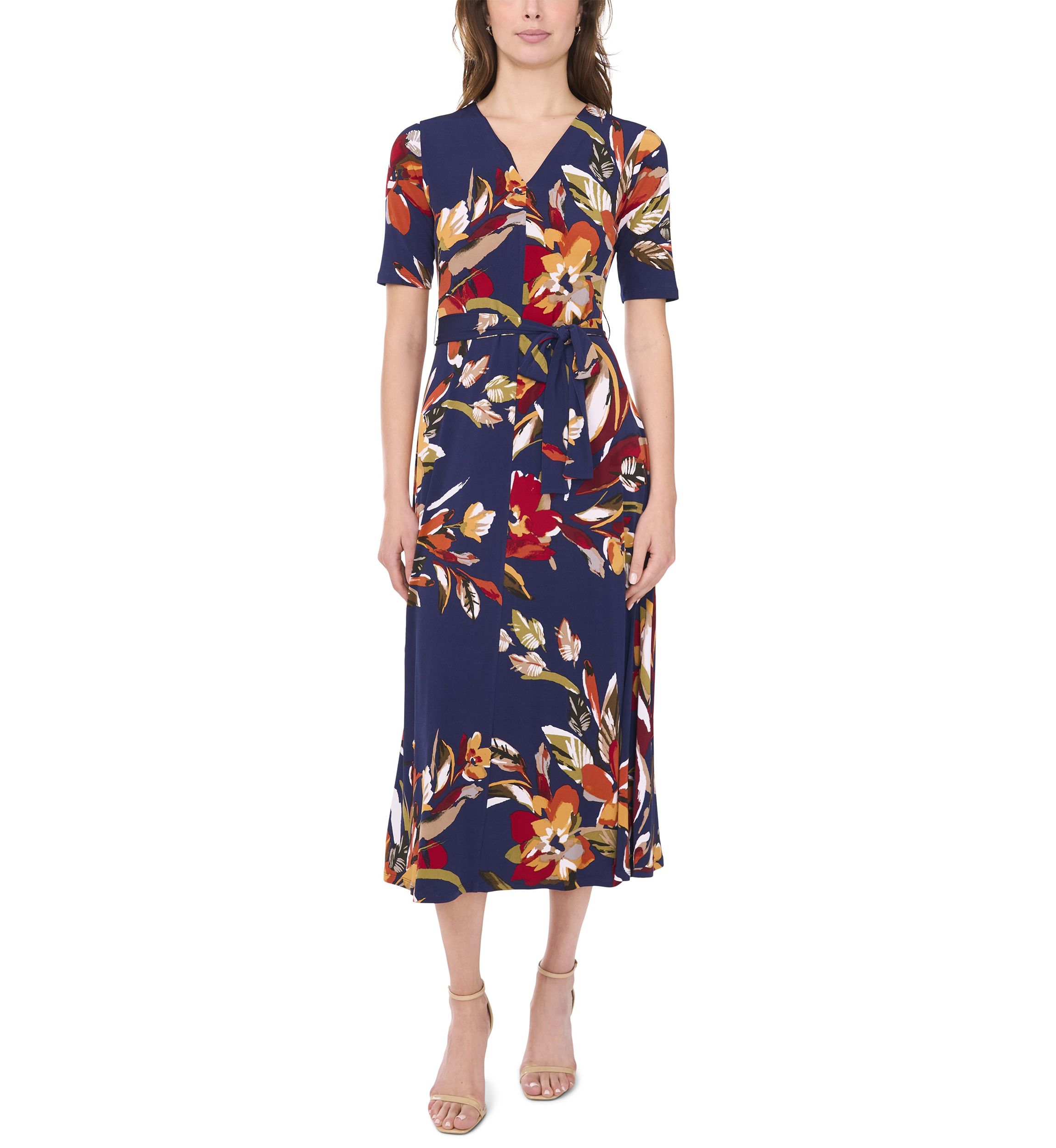 Womens V-Neck Floral Printed Midi Dress