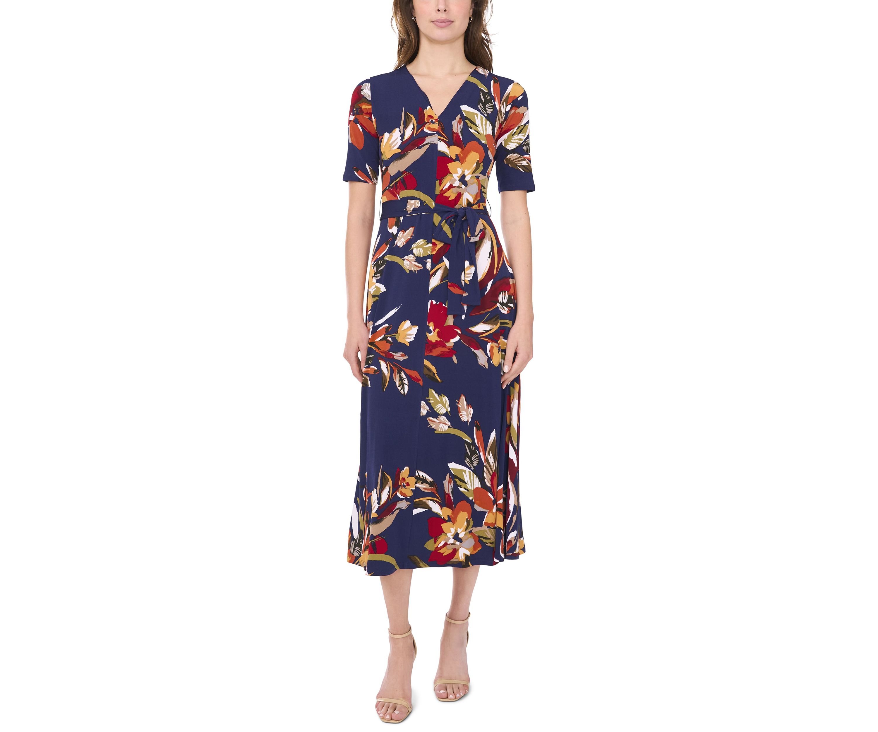Womens V-Neck Floral Printed Midi Dress