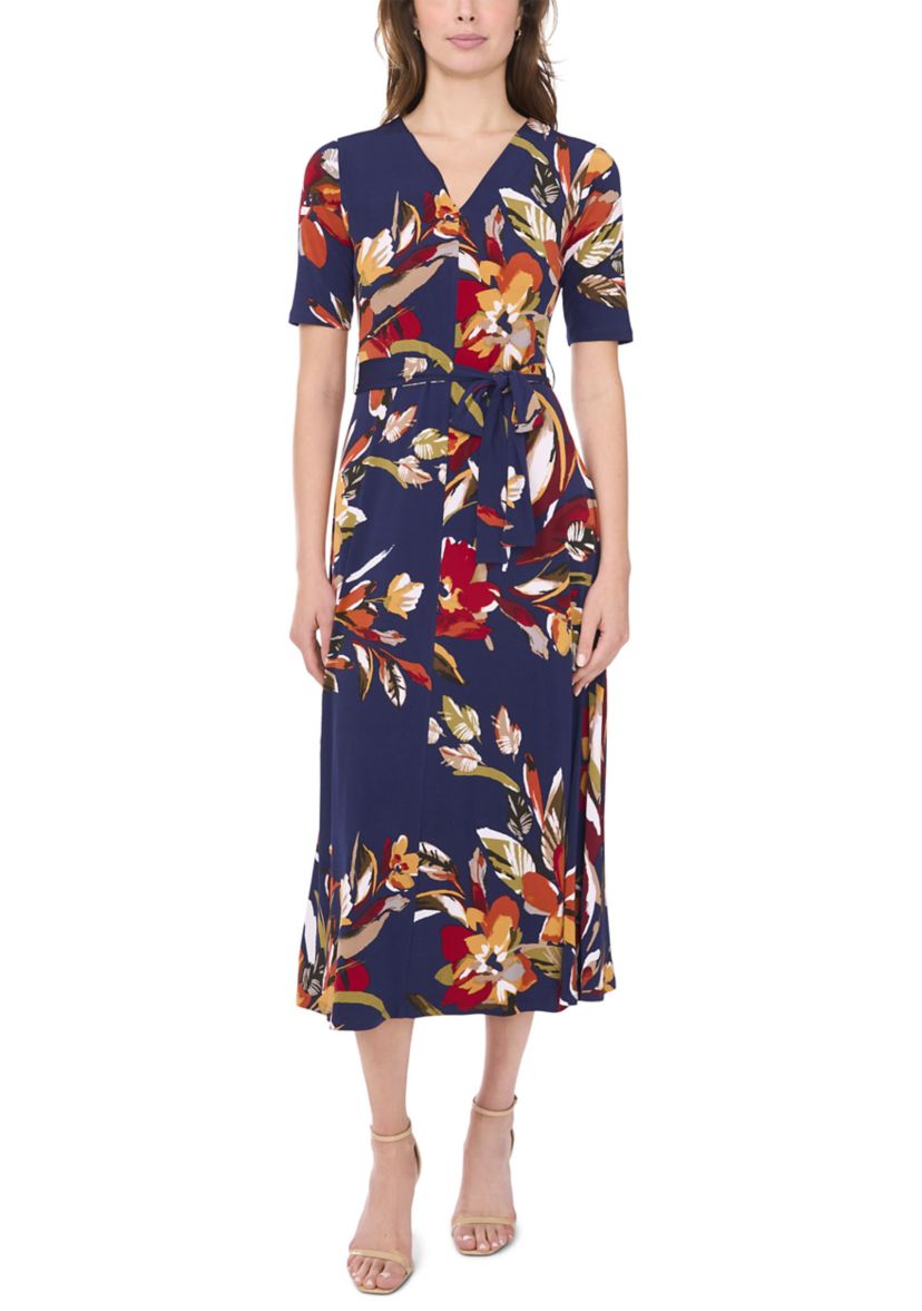 Womens V-Neck Floral Printed Midi Dress