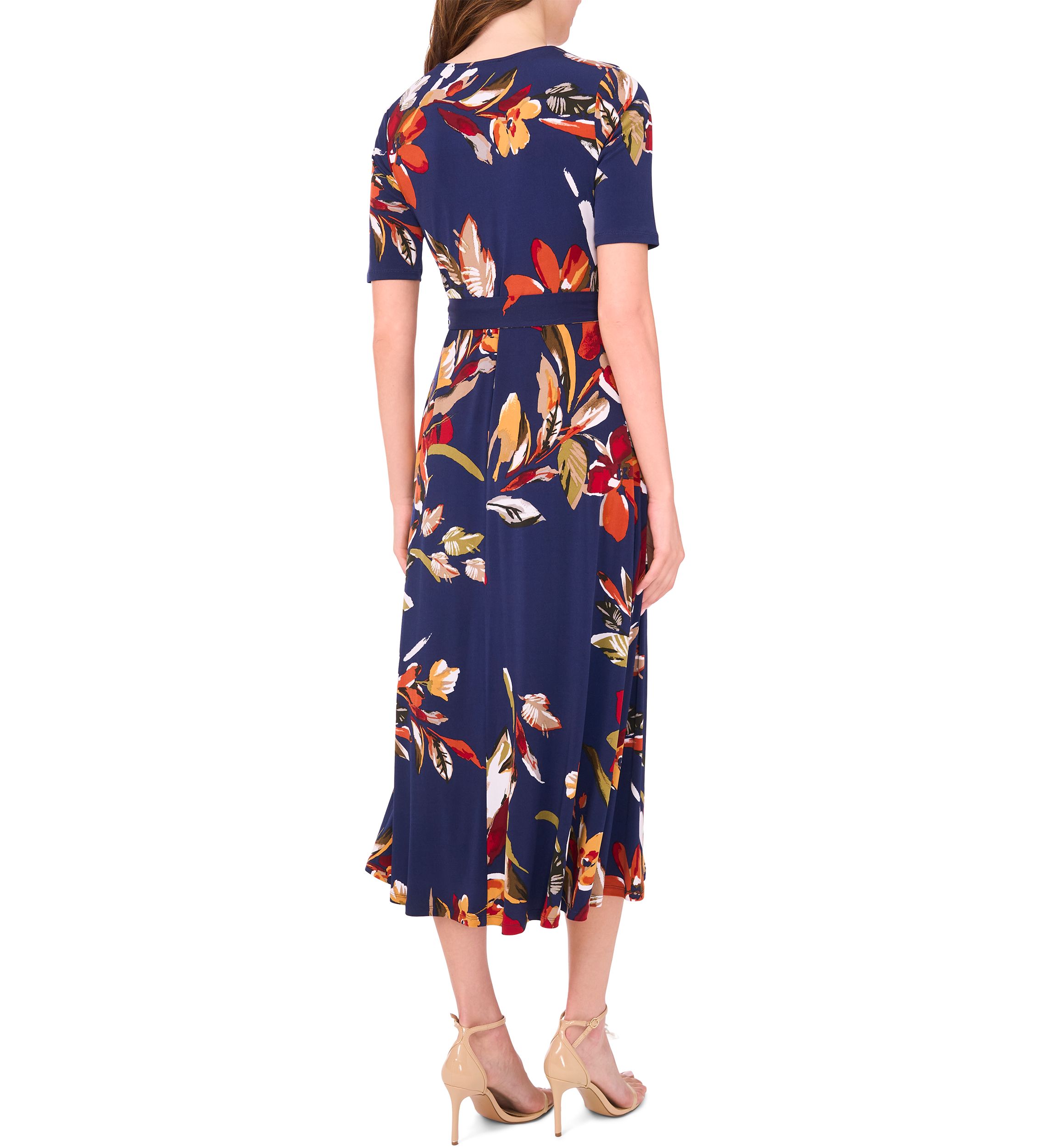 Womens V-Neck Floral Printed Midi Dress