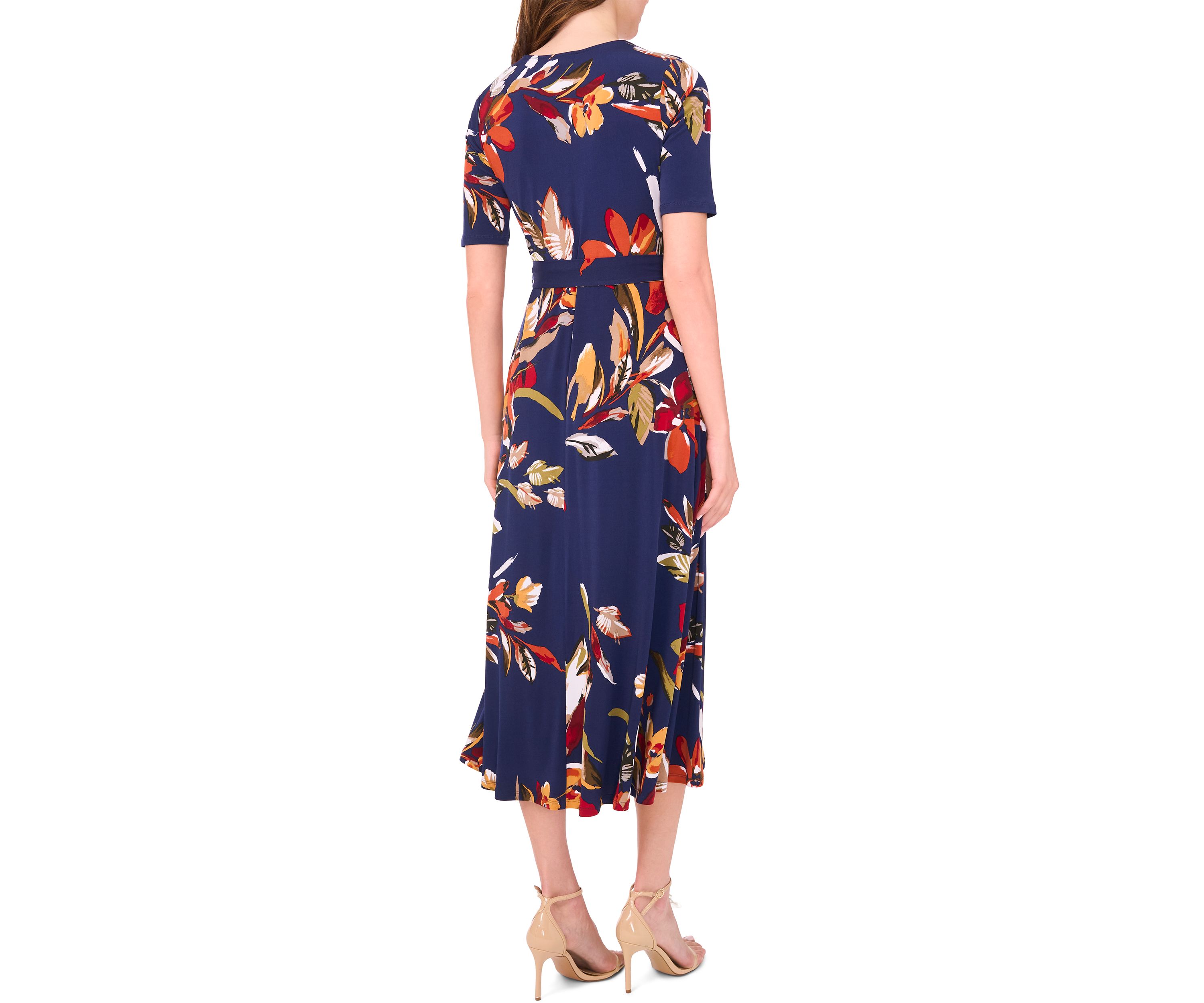 Womens V-Neck Floral Printed Midi Dress
