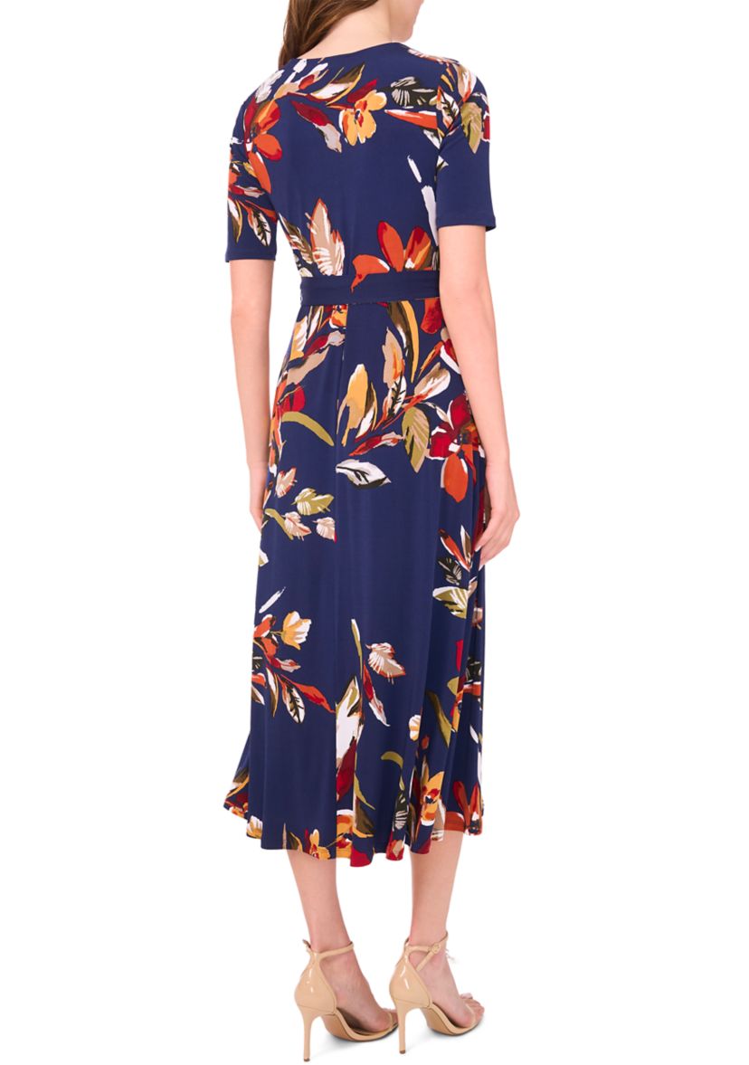 Womens V-Neck Floral Printed Midi Dress