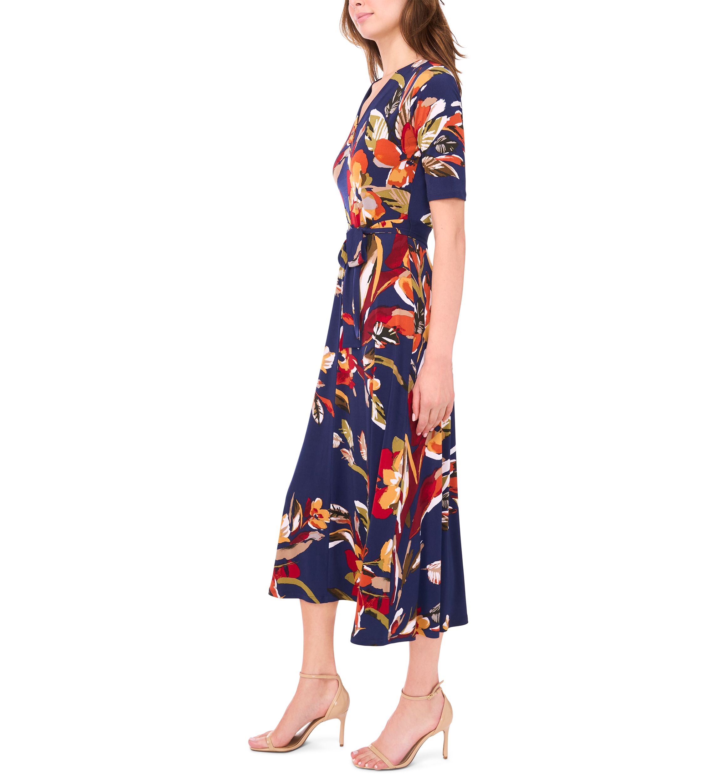Womens V-Neck Floral Printed Midi Dress