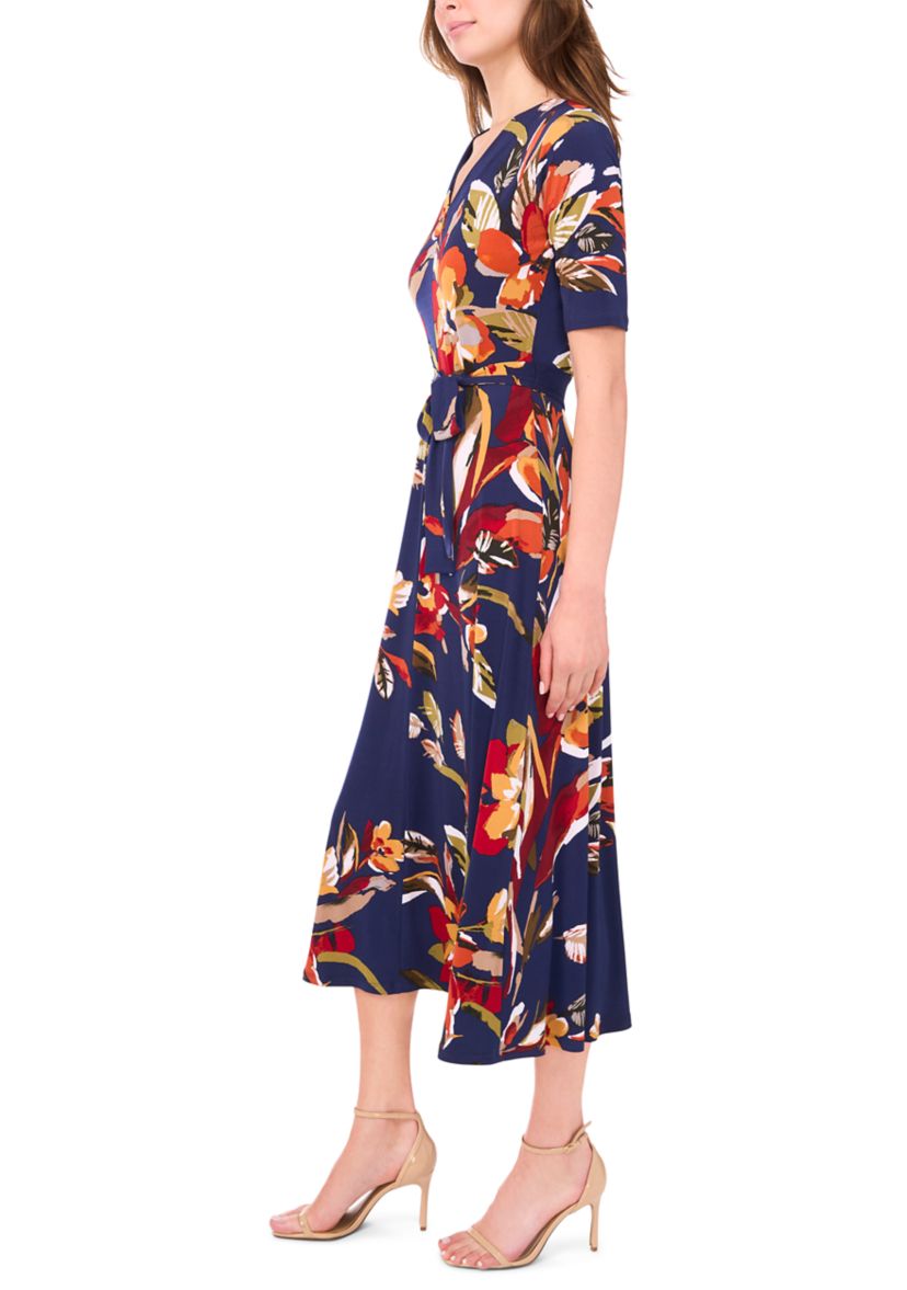 Womens V-Neck Floral Printed Midi Dress