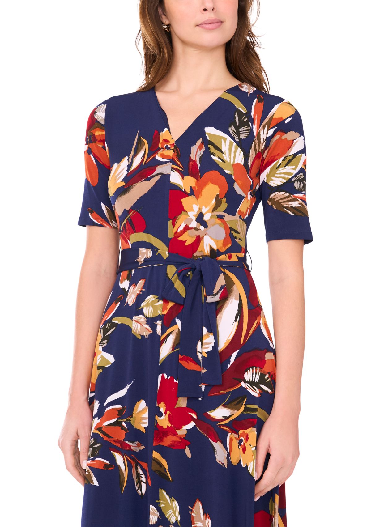 Womens V-Neck Floral Printed Midi Dress