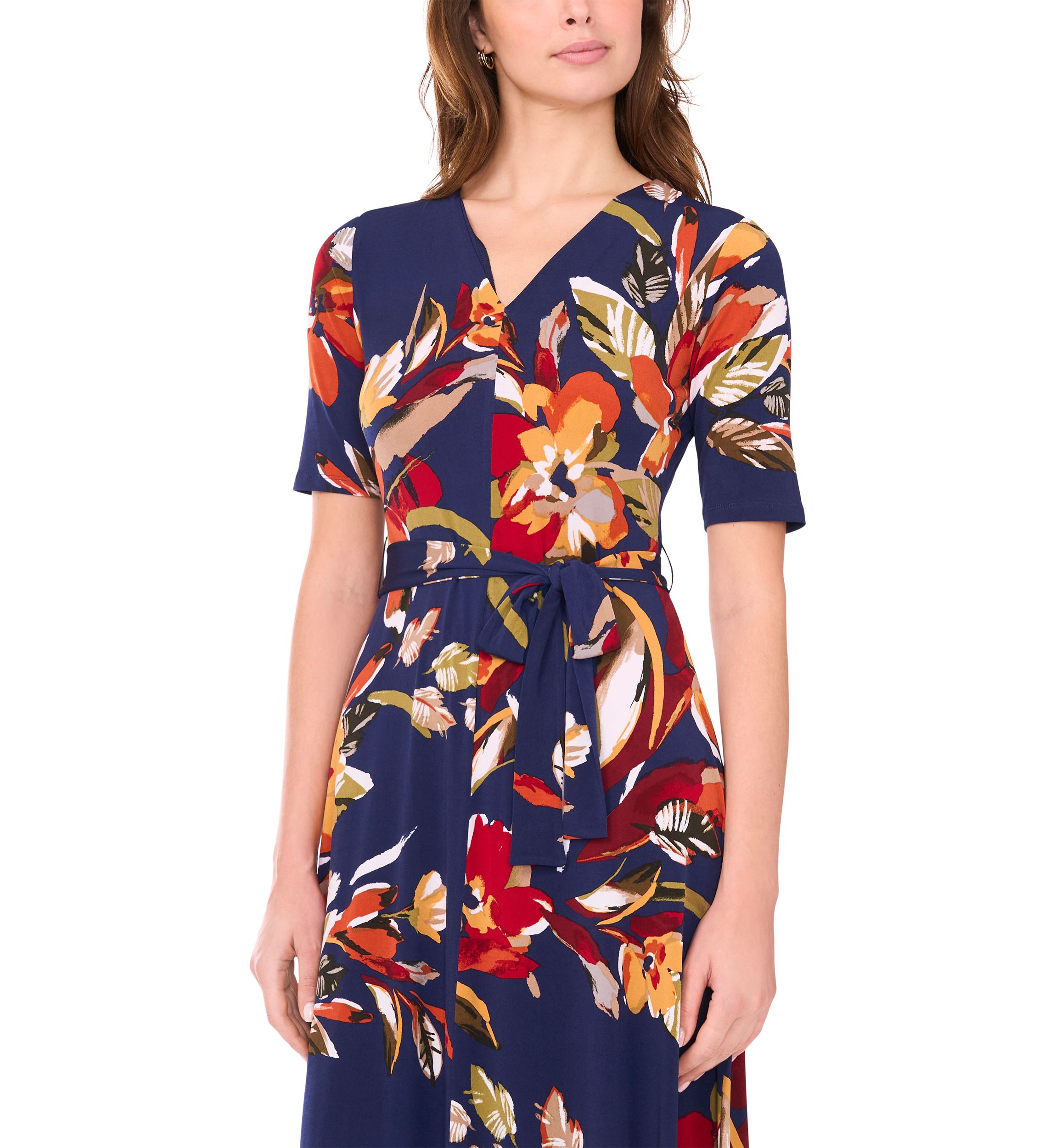 Womens V-Neck Floral Printed Midi Dress