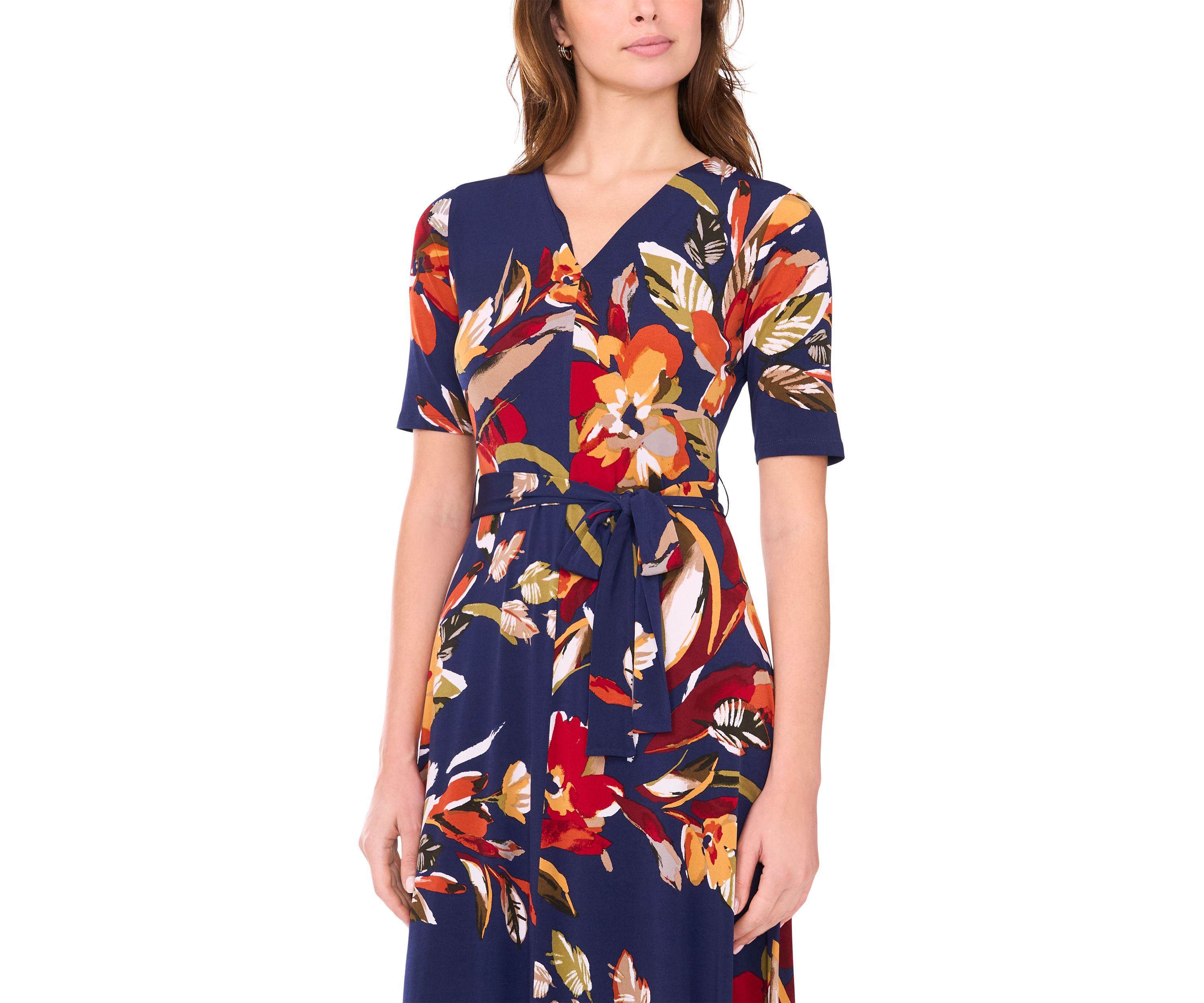 Womens V-Neck Floral Printed Midi Dress