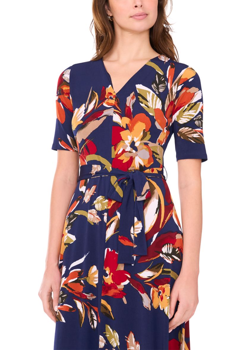 Womens V-Neck Floral Printed Midi Dress