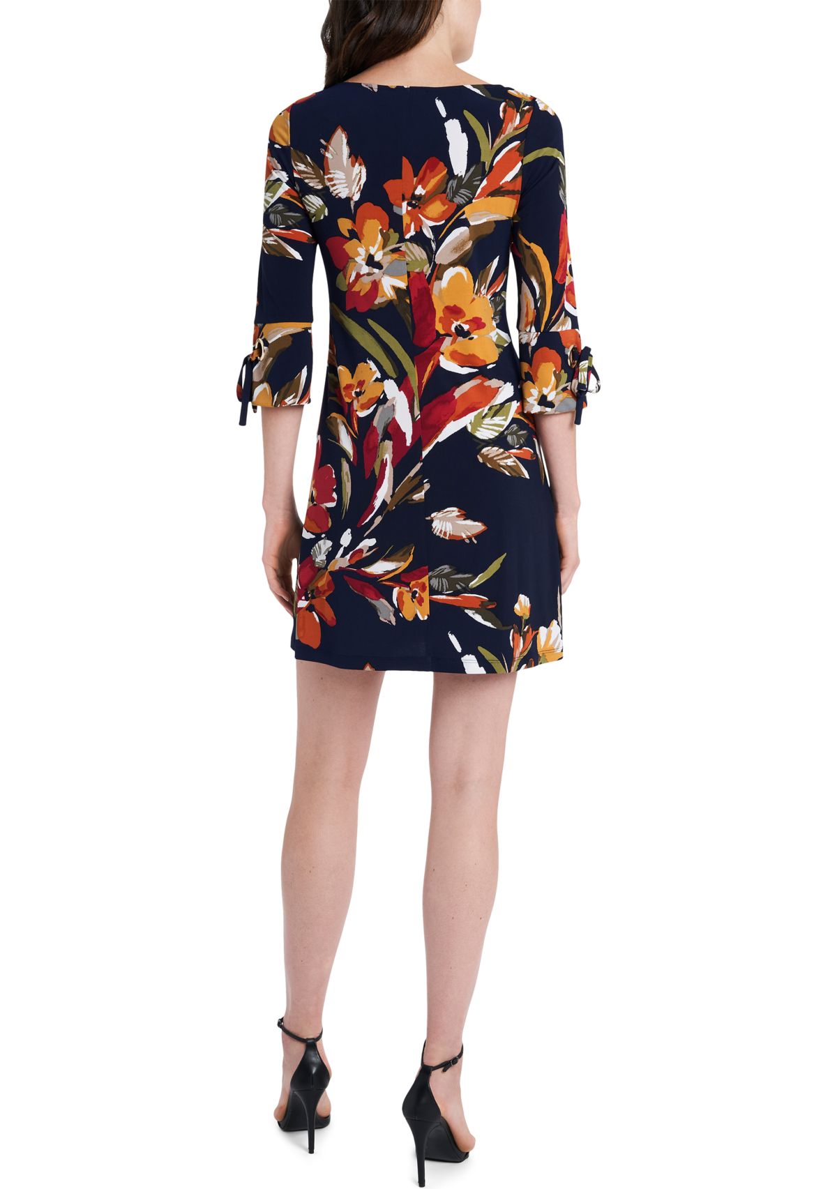 Womens 3/4 Sleeve Boat Neck Printed Sheath Dress