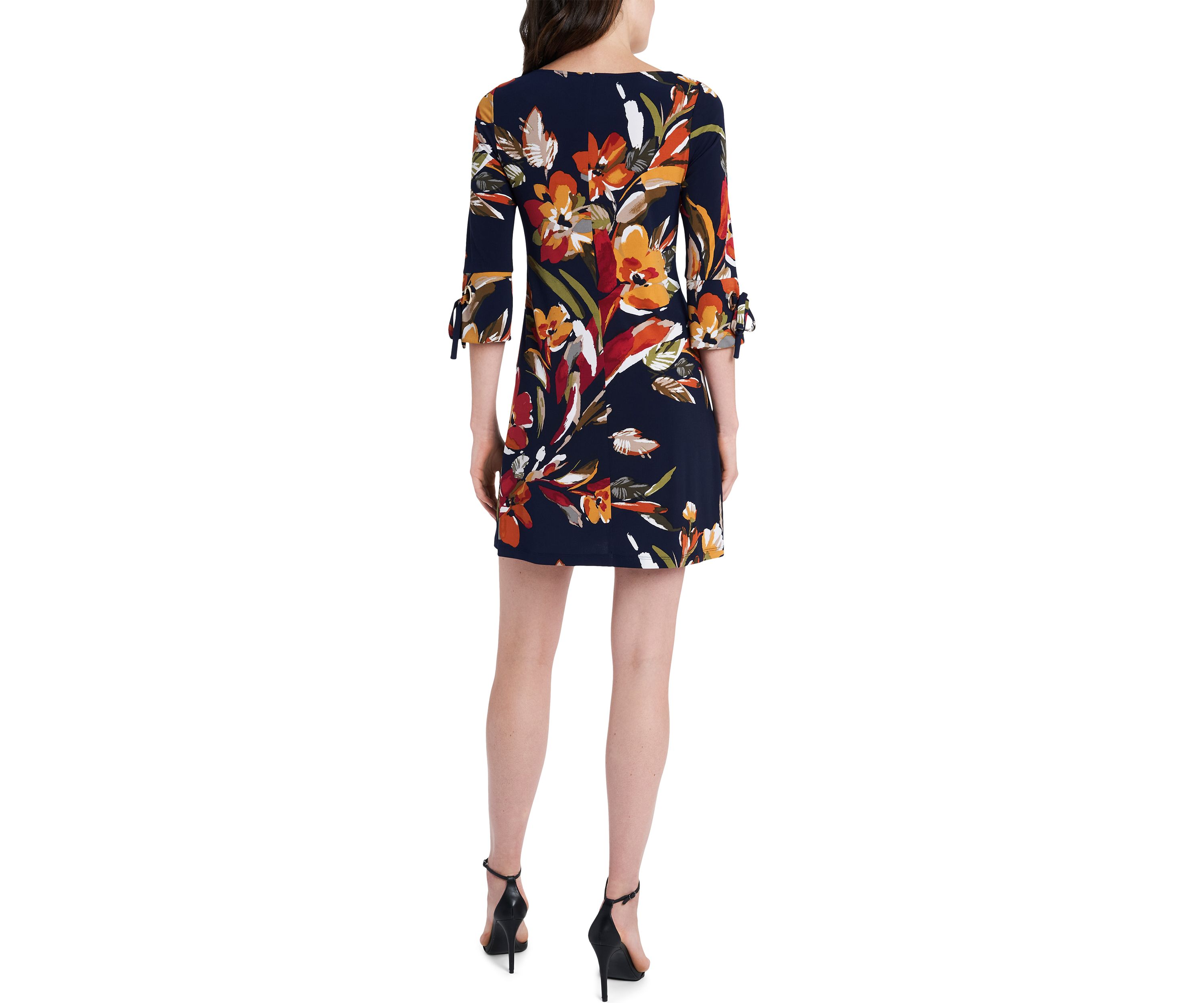 Womens 3/4 Sleeve Boat Neck Printed Sheath Dress