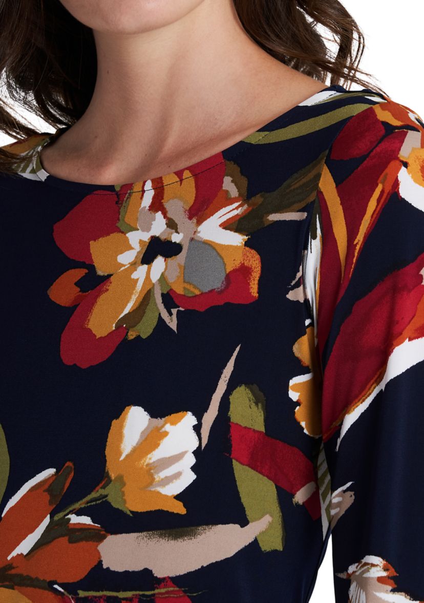 Womens 3/4 Sleeve Boat Neck Printed Sheath Dress