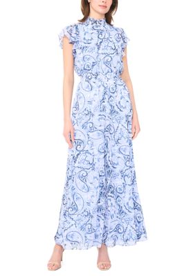 MSK Women's Floral Print Chiffon Jumpsuit, Blue, Large