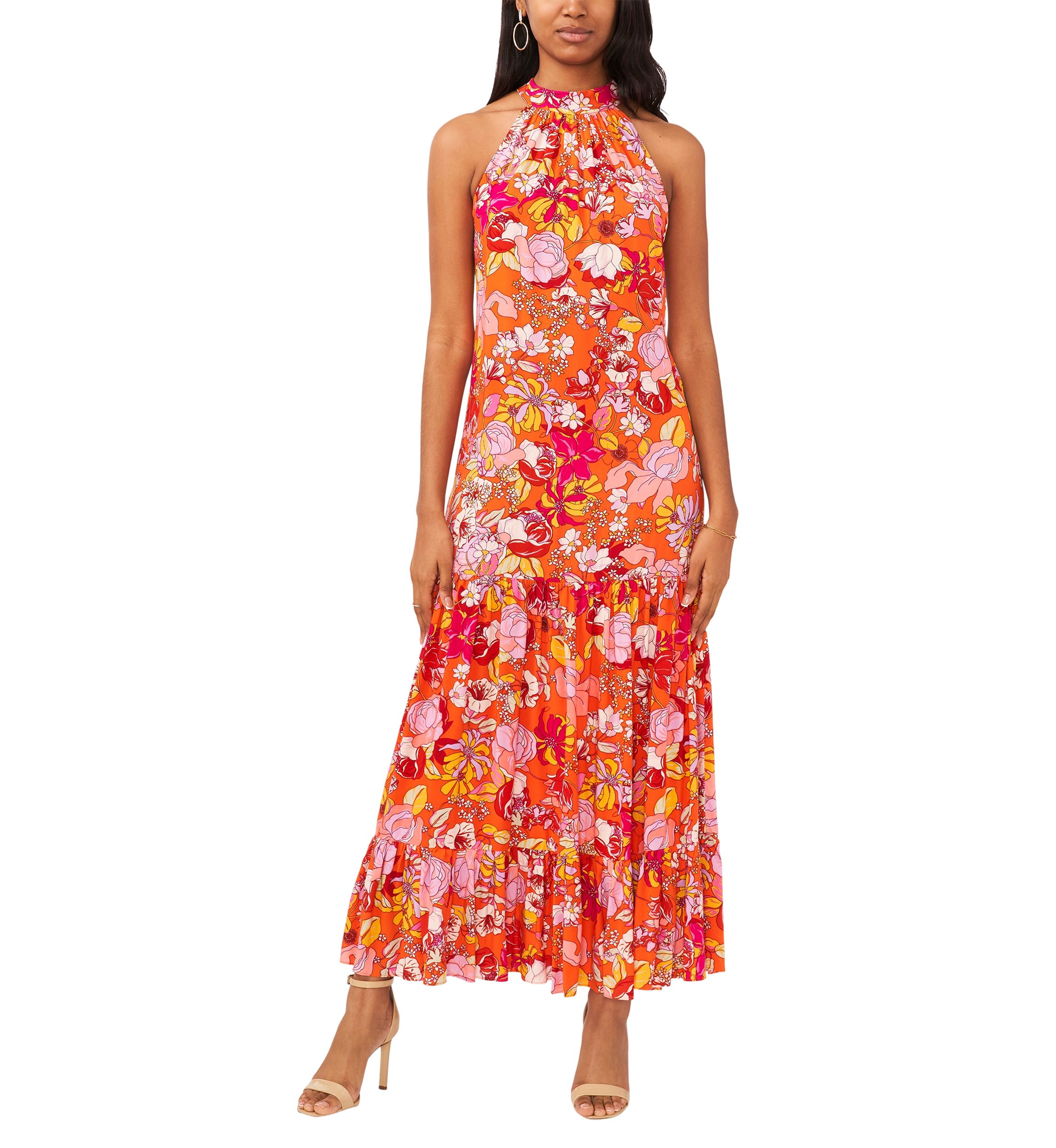 Womens Sleeveless Halter Neck Printed A-Line Maxi Dress