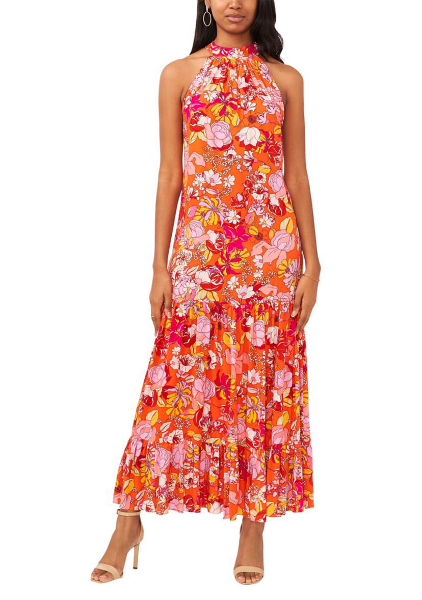Womens Sleeveless Halter Neck Printed A-Line Maxi Dress