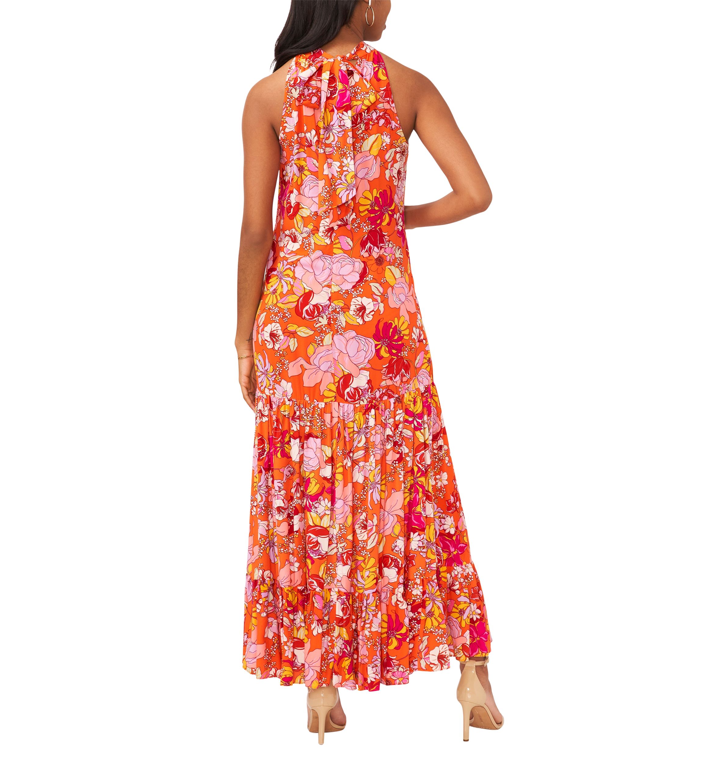 Womens Sleeveless Halter Neck Printed A-Line Maxi Dress