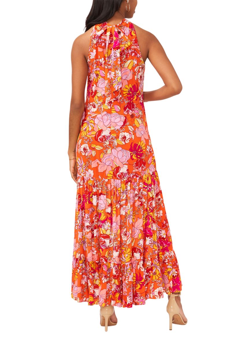 Womens Sleeveless Halter Neck Printed A-Line Maxi Dress